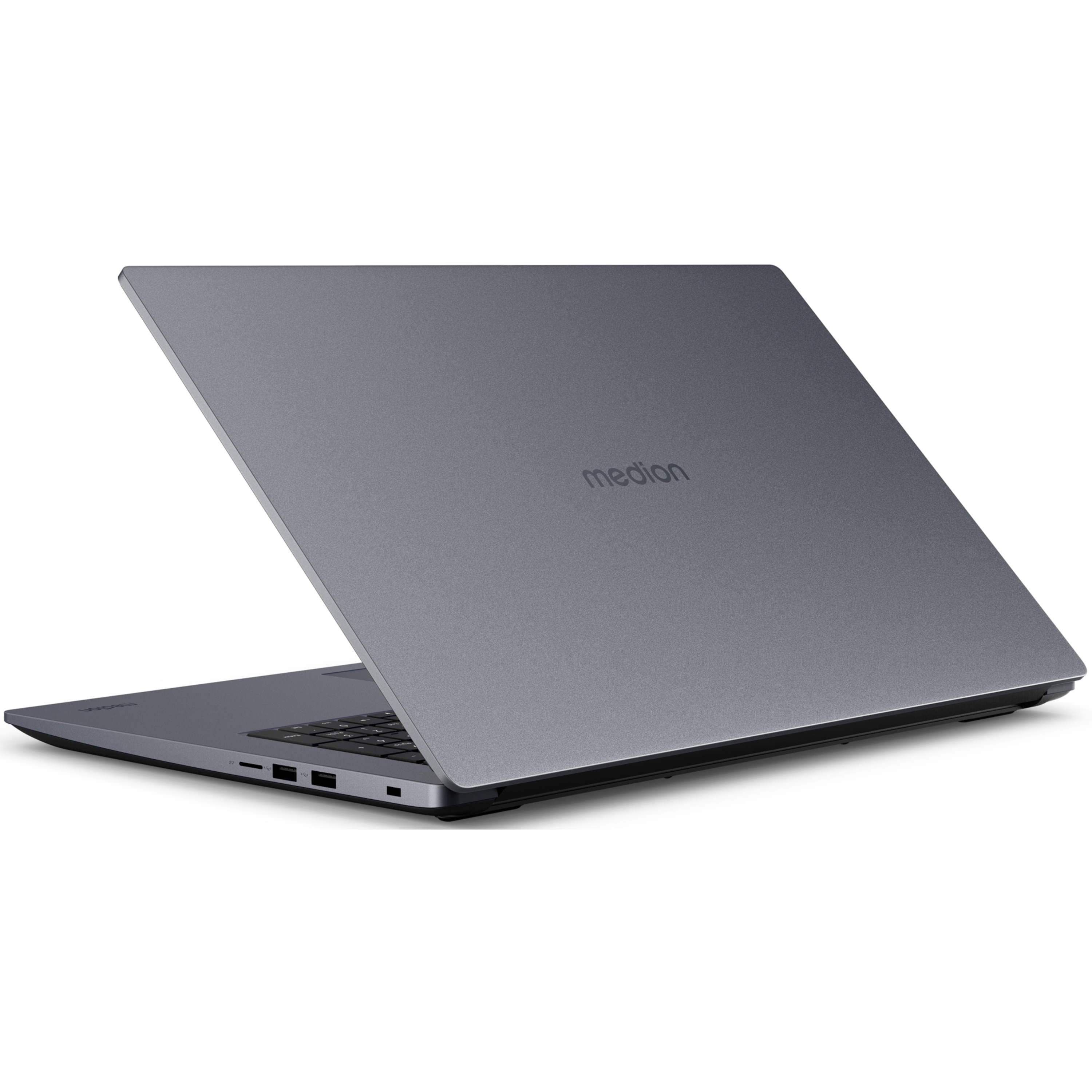 Ein grauer Laptop mit geöffnetem Deckel auf weißem Hintergrund. Der Markenname 'medion' ist oben sichtbar.