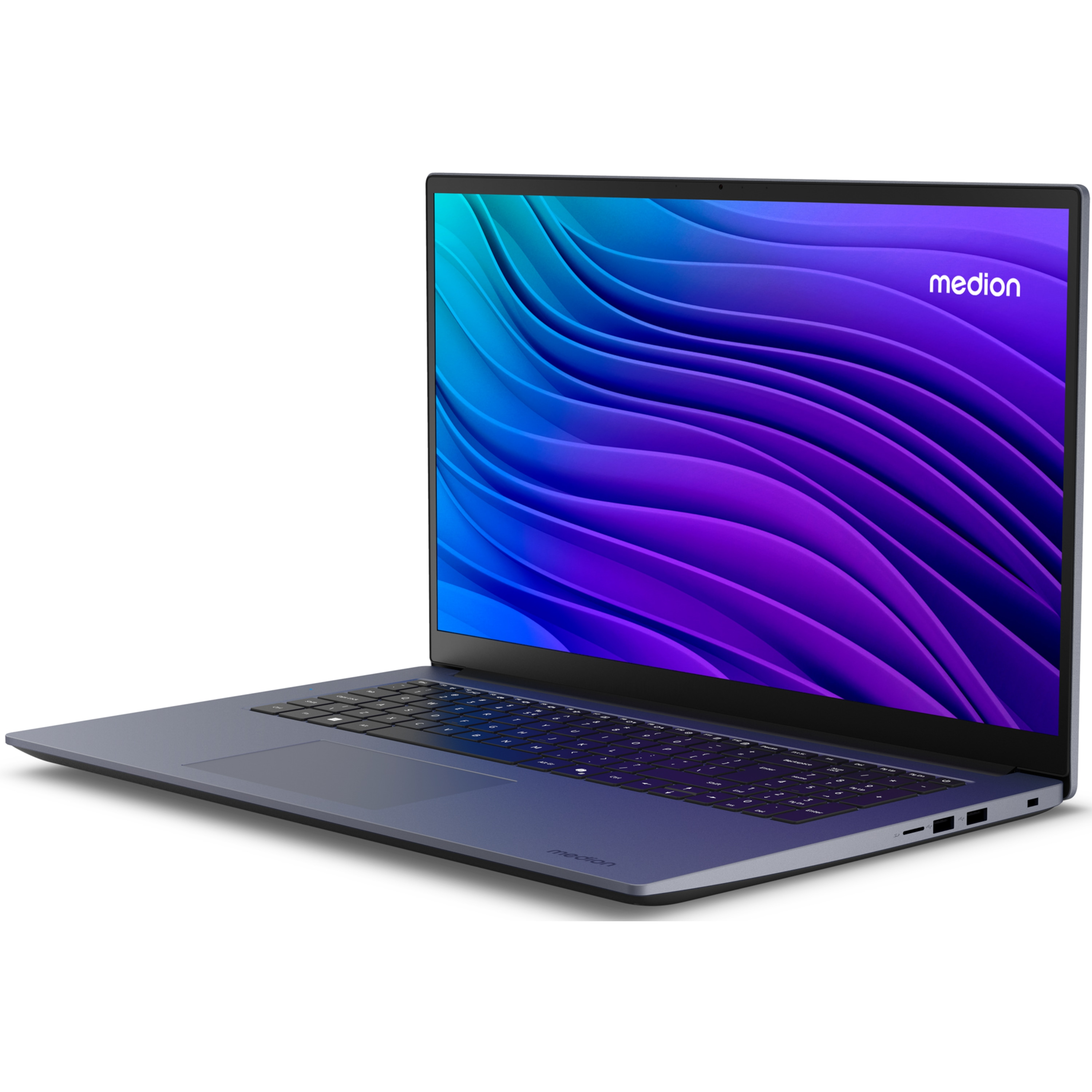 Ein Medion-Laptop wird in einem Winkel angezeigt. Der Bildschirm zeigt ein blau-violettes Wellenmuster. Der Laptop ist grau.