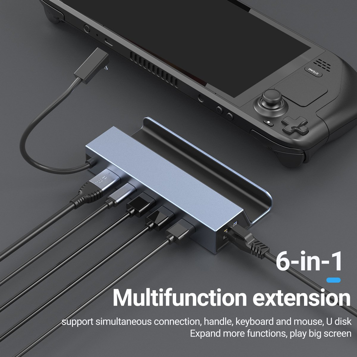 A black Steam Deck is connected to a silver 6-in-1 multifunction extension. Cables connect to the extension. Text says 'Multifunction extension'.