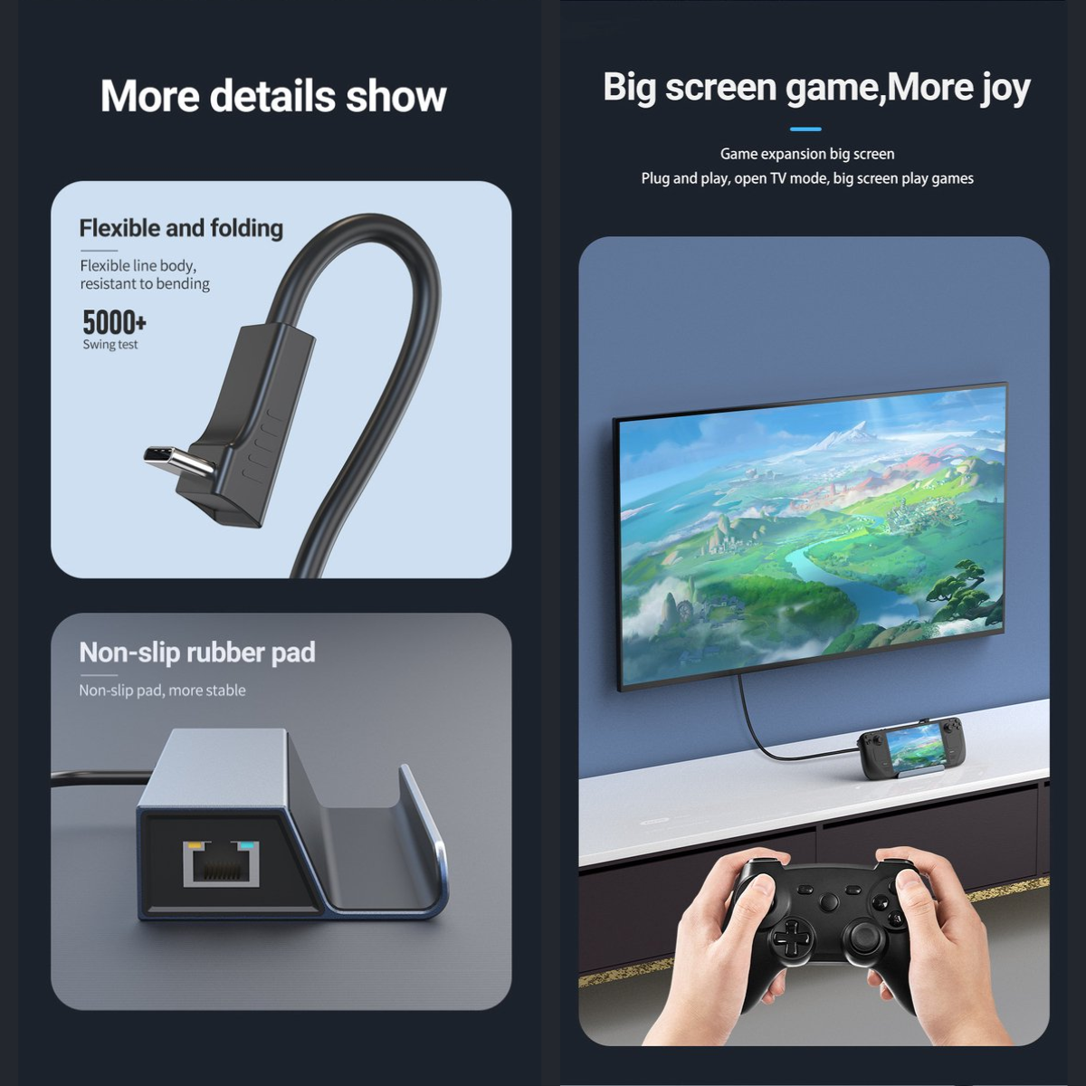 Image shows product details: a cable, a stand, a TV with a game screen, a controller, and text descriptions.