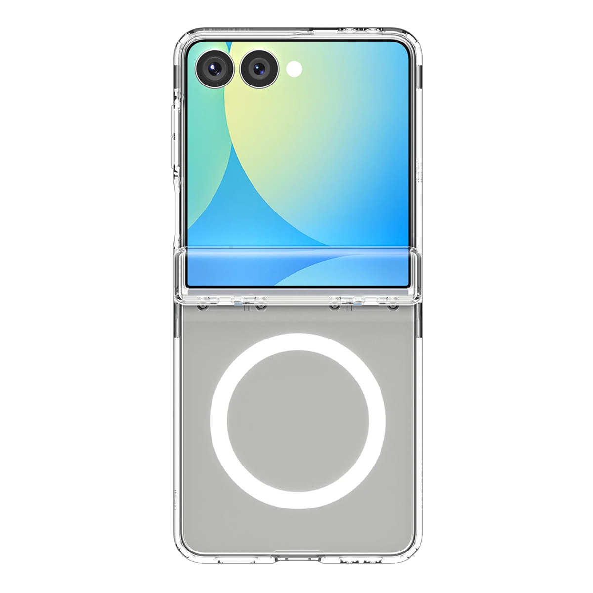 Ein Smartphone mit transparentem Gehäuse. Das Telefon hat einen blau-gelben Bildschirm. Das Gehäuse hat unten einen weißen Kreis.