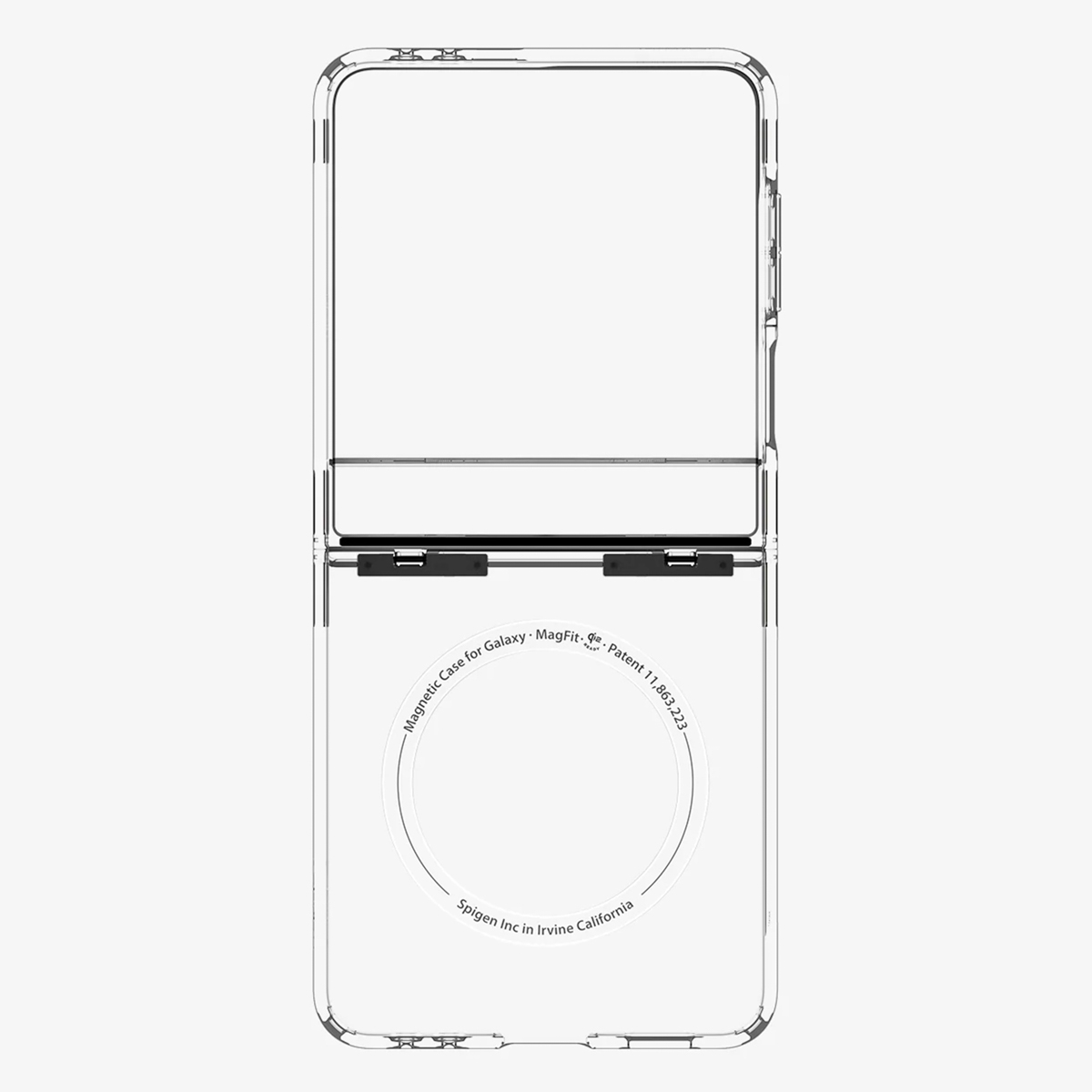 Eine klare, faltbare Handyhülle. Die Hülle ist transparent mit schwarzen Scharnieren. Sie hat ein kreisförmiges MagFit-Design und Spigen-Branding.