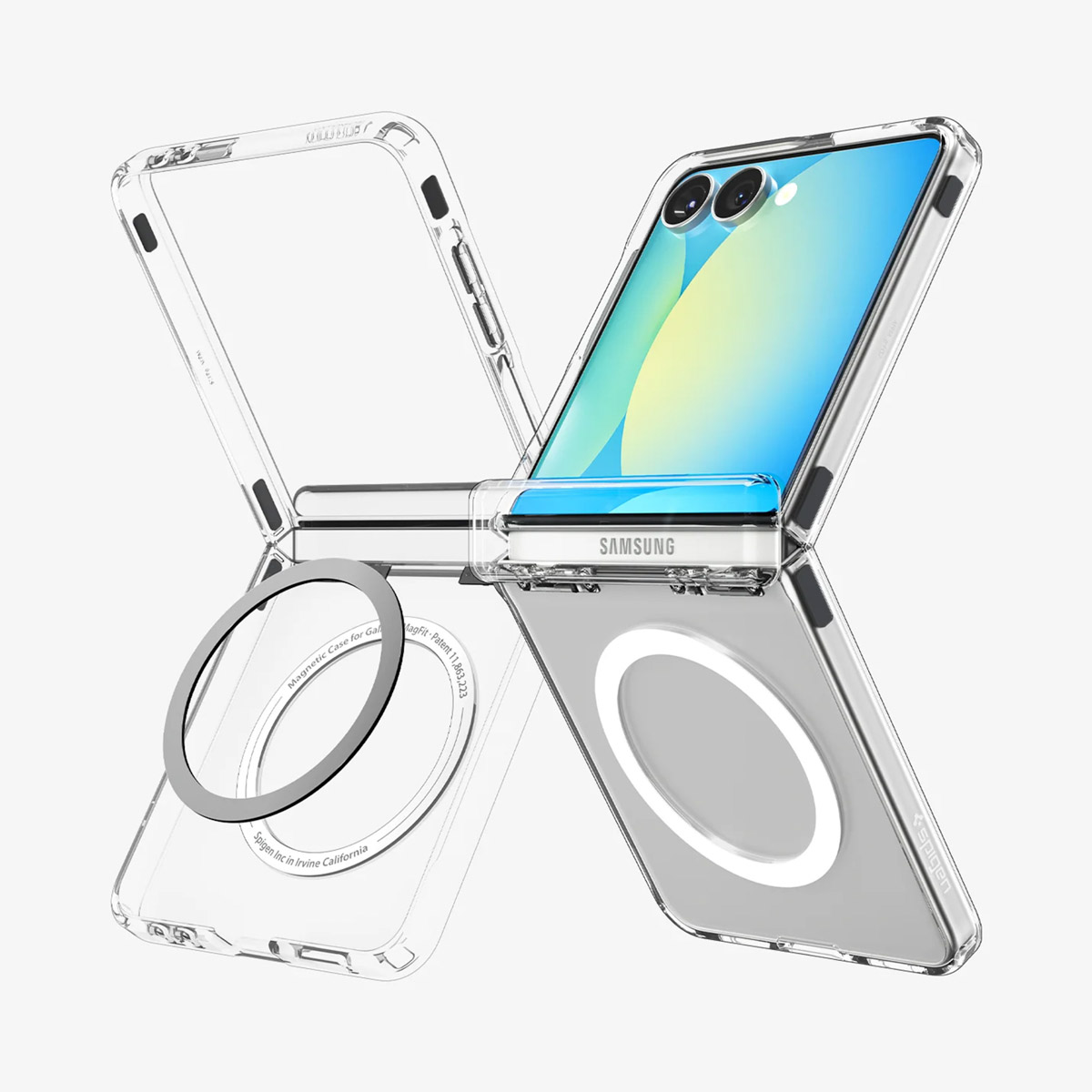 Transparente Handyhülle mit Handy. Das Handy ist teilweise geöffnet und zeigt einen Bildschirm mit Farbverlauf.