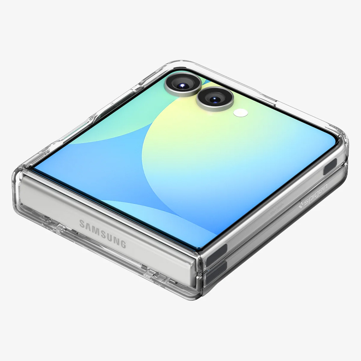 Gefaltetes Samsung-Telefon in einer transparenten Hülle. Der Bildschirm zeigt Blau und Gelb. Es hat zwei Kameras und ein Samsung-Logo.