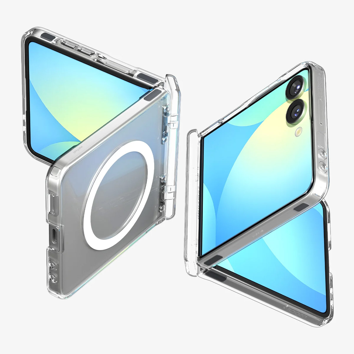 Zwei transparente Handyhüllen sind geöffnet. Eine zeigt einen weißen kreisförmigen Magneten, die andere eine Dual-Objektiv-Kamera. Beide haben blaue Bildschirme.