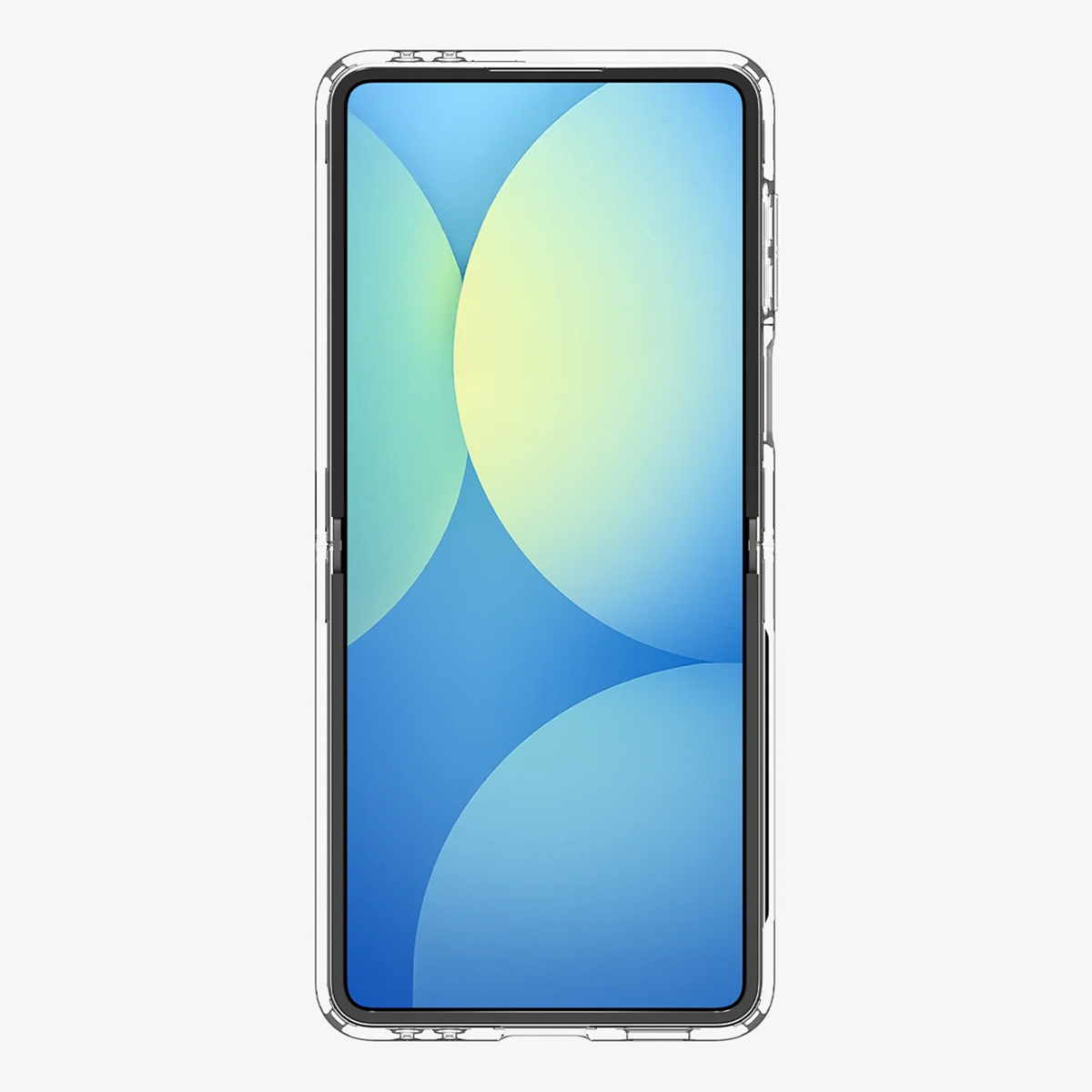 Ein Smartphone mit durchsichtiger Hülle. Der Bildschirm zeigt blaue und gelbe Kreise. Das Telefon ist vor weißem Hintergrund zentriert.