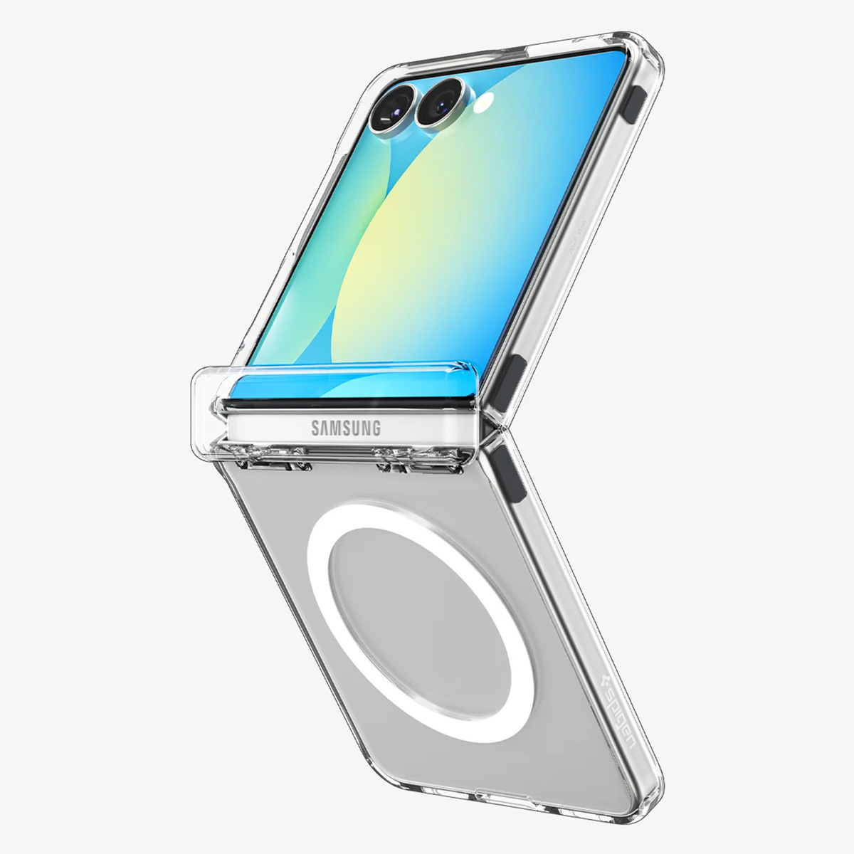 Transparente Handyhülle mit einem Samsung-Handy. Das Handy ist teilweise geöffnet und zeigt den Bildschirm. Ein Ladeständer ist sichtbar.