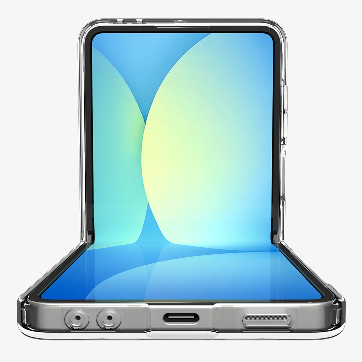 Ein klares, offenes, faltbares Telefon. Das Display ist blau mit einem gelben Farbverlauf. Das Telefon befindet sich auf weißem Hintergrund.