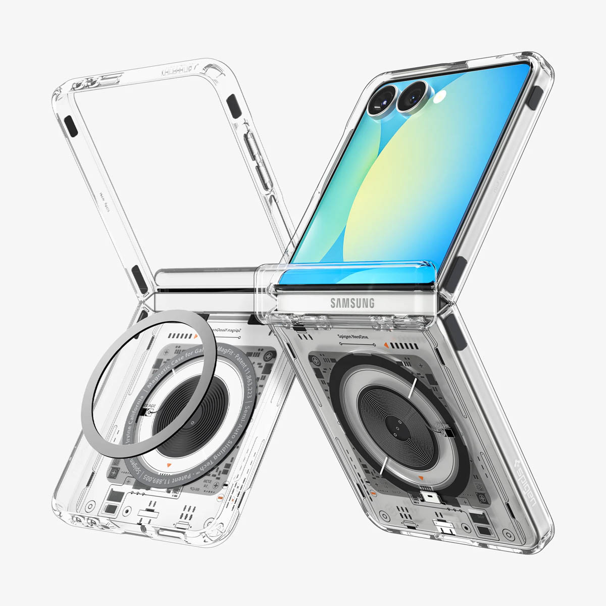 Transparente Handyhülle mit einem zusammenklappbaren Handy. Das Handy ist geöffnet und zeigt den Bildschirm und die inneren Komponenten.