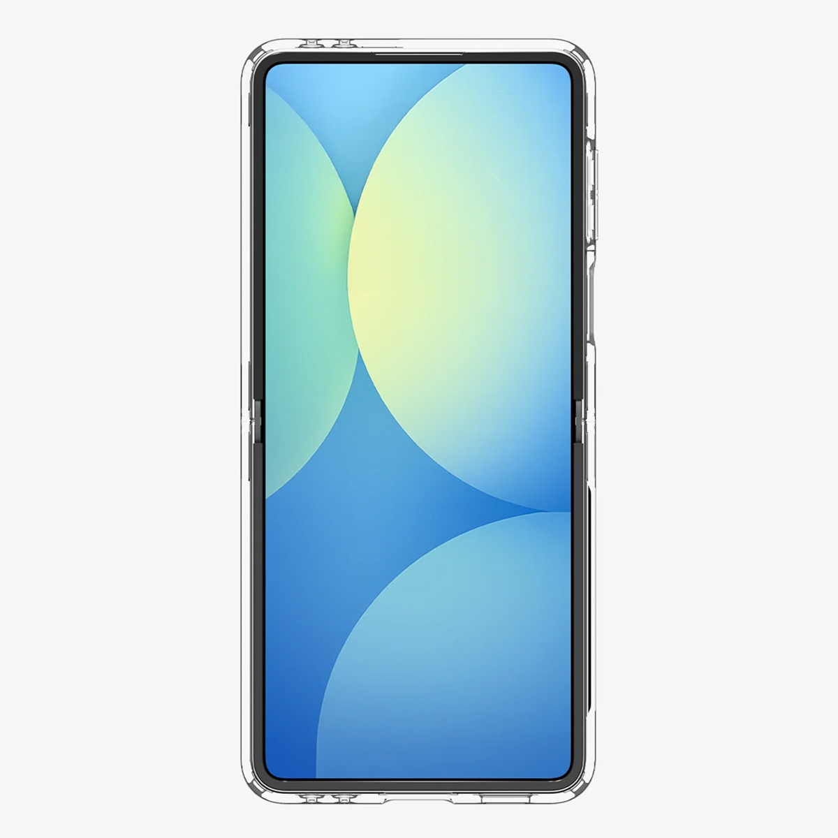 Ein Smartphone mit einer transparenten Hülle zeigt einen abstrakten blau-gelben Hintergrund. Das Telefon ist auf weißem Hintergrund zentriert.