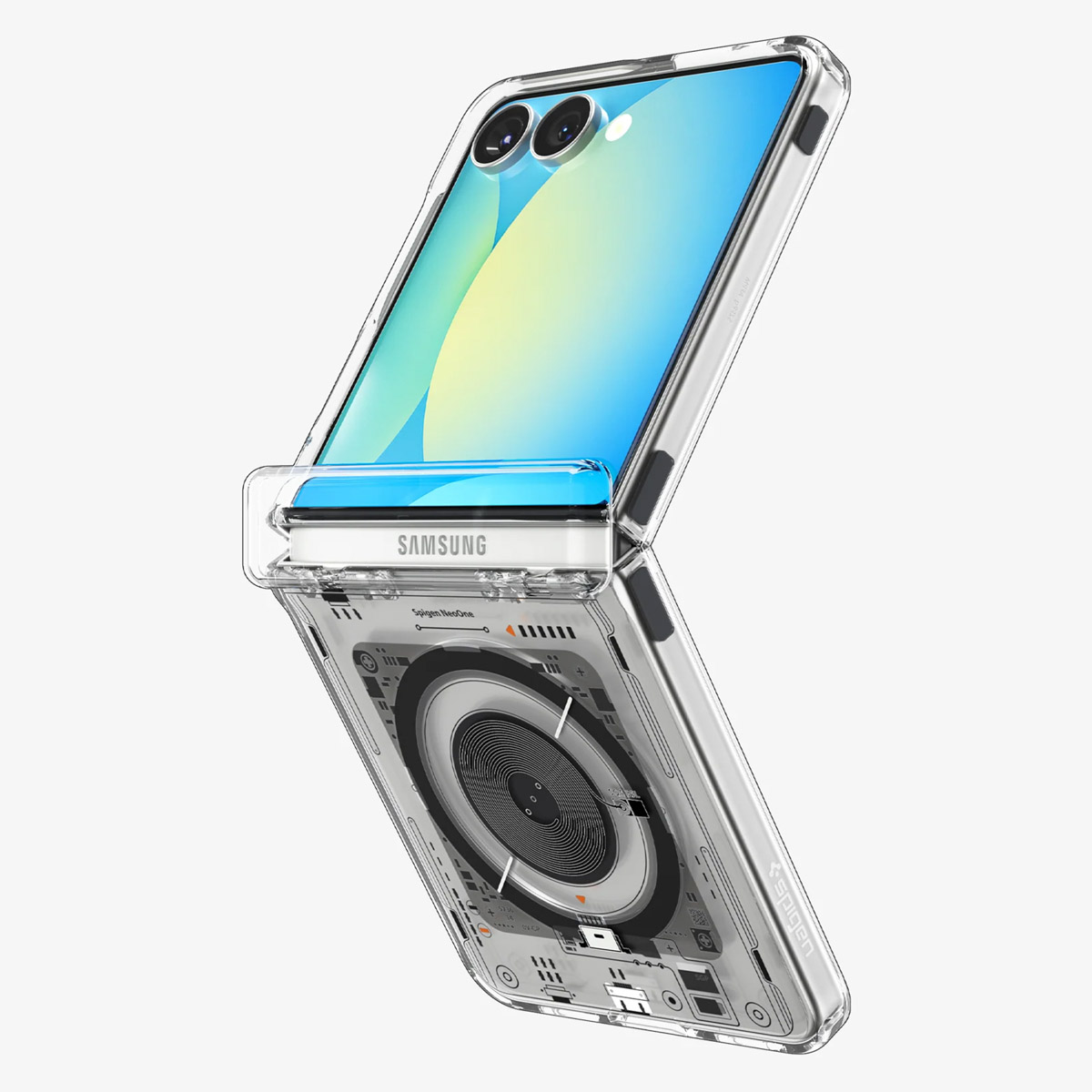 Ein faltbares Samsung-Handy in einer durchsichtigen Hülle, teilweise geöffnet. Der Bildschirm zeigt einen blau-gelben Farbverlauf. Die Hülle hat ein MagSafe-ähnliches Design.