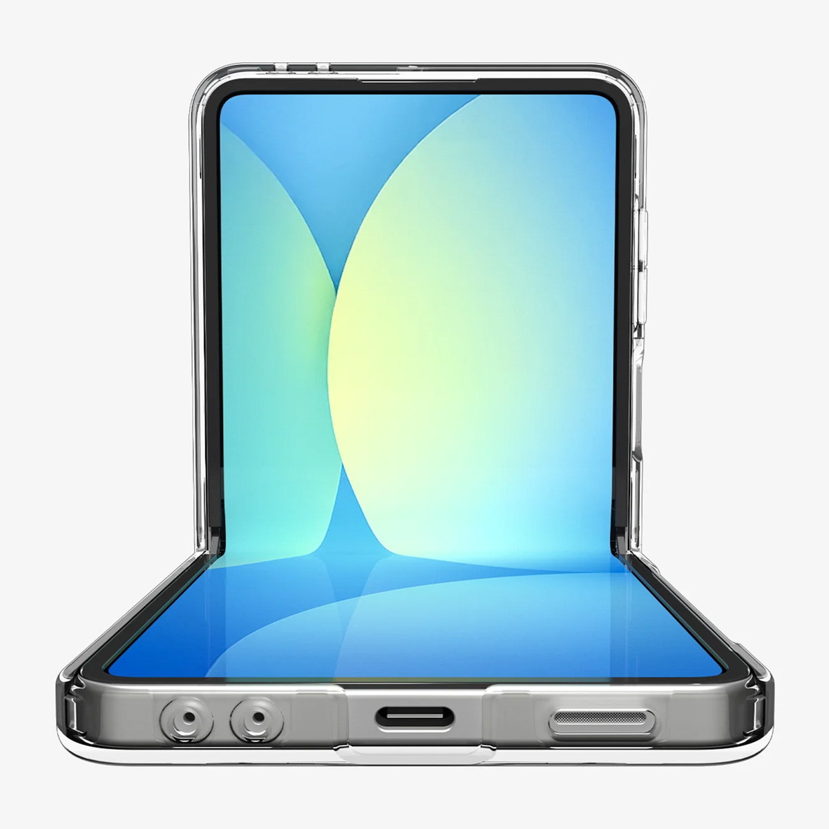 Ein gefaltetes Telefon mit einer durchsichtigen Hülle, das einen blau-gelben Bildschirm zeigt. Das Telefon ist silber.