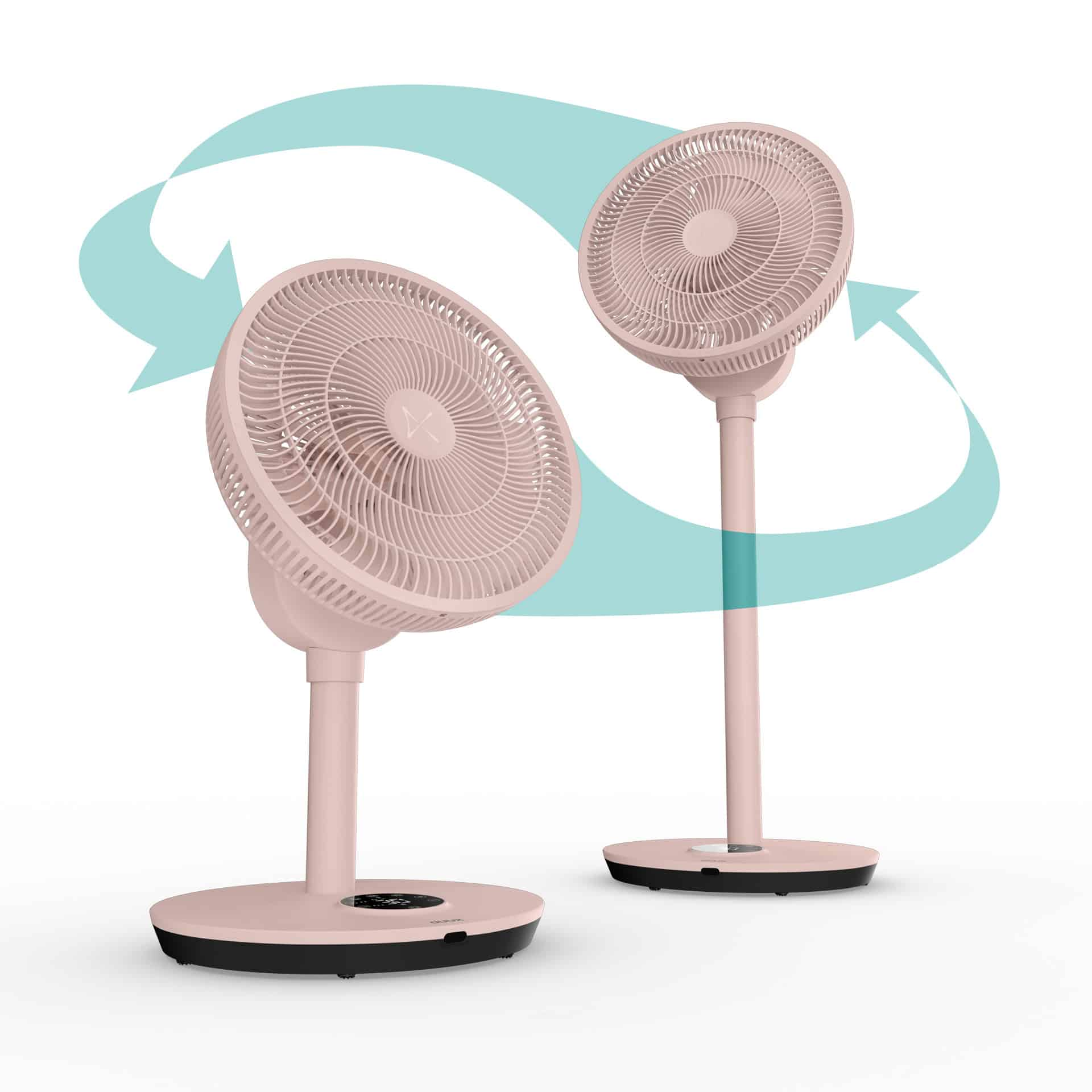 Zwei rosa Ventilatoren mit schwarzen Sockeln auf Weiß. Ein Ventilator ist zum anderen geneigt, mit einem türkisfarbenen Pfeil, der den Luftstrom darstellt.
