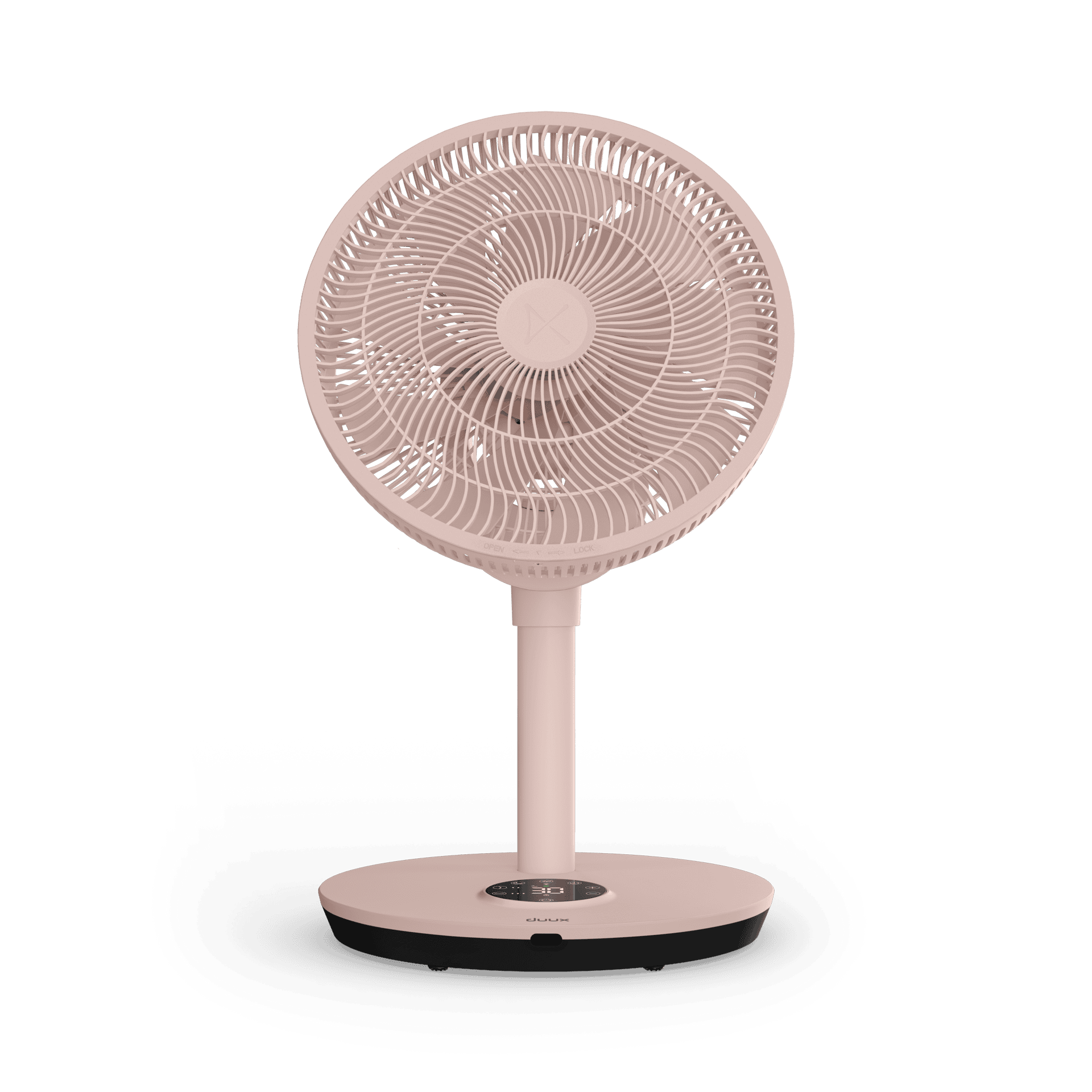Ein rosa Standventilator mit rundem Kopf und Sockel, mit Digitalanzeige, vor grünem Hintergrund.