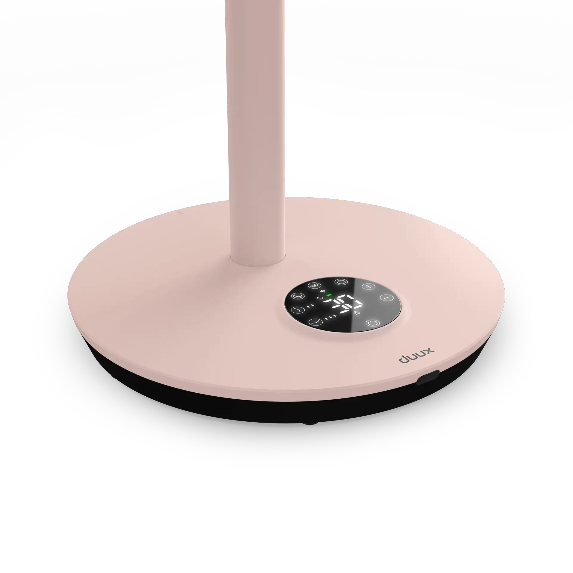 Ein rosa Ventilator mit digitaler Anzeige '30'. Der Sockel hat Bedienelemente und den Markennamen 'duux'.