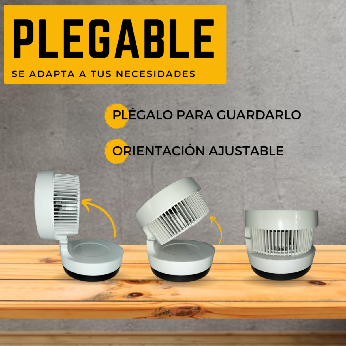 La imagen muestra un ventilador plegable en diferentes orientaciones, con texto en español. Se encuentra sobre una superficie de madera contra un fondo gris.