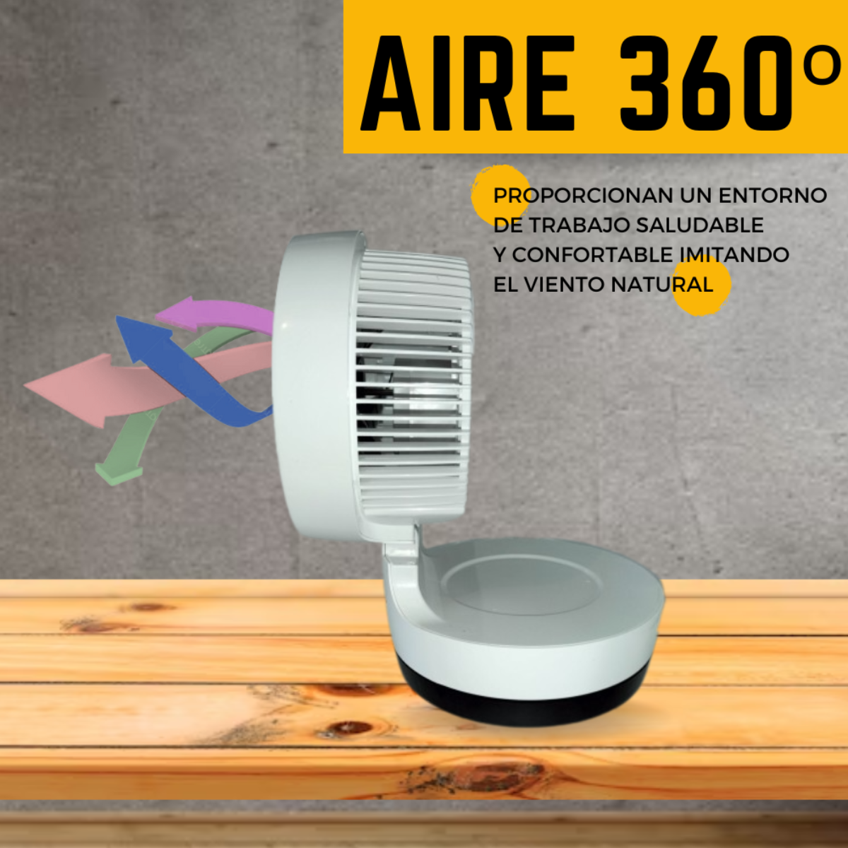 Un ventilador blanco de 360° sobre una mesa de madera. Flechas de colores indican el flujo de aire. Texto dice 'AIRE 360°'.