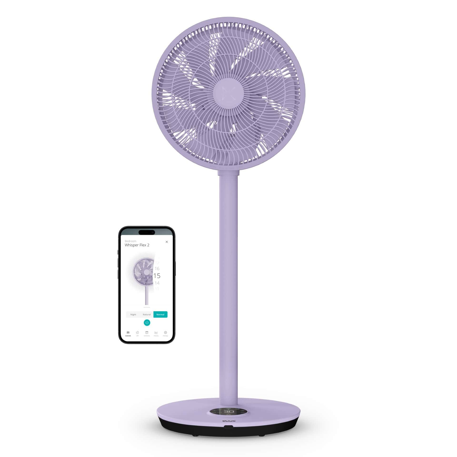 Ein lavendelfarbener Standventilator mit einem Smartphone, das die Lüftersteuerung anzeigt. Der Ventilator hat einen runden Kopf, eine zentrale Stange und einen runden Sockel.