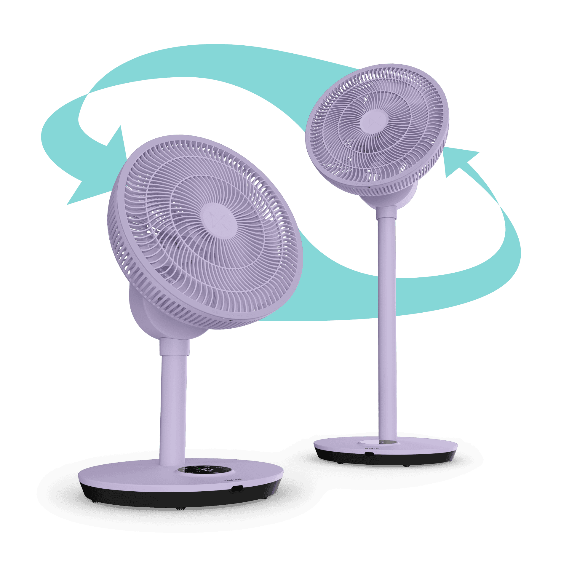 Zwei lila Ventilatoren auf weißen Ständern, dunkle Sockel, grüner Hintergrund mit Pfeilen.
