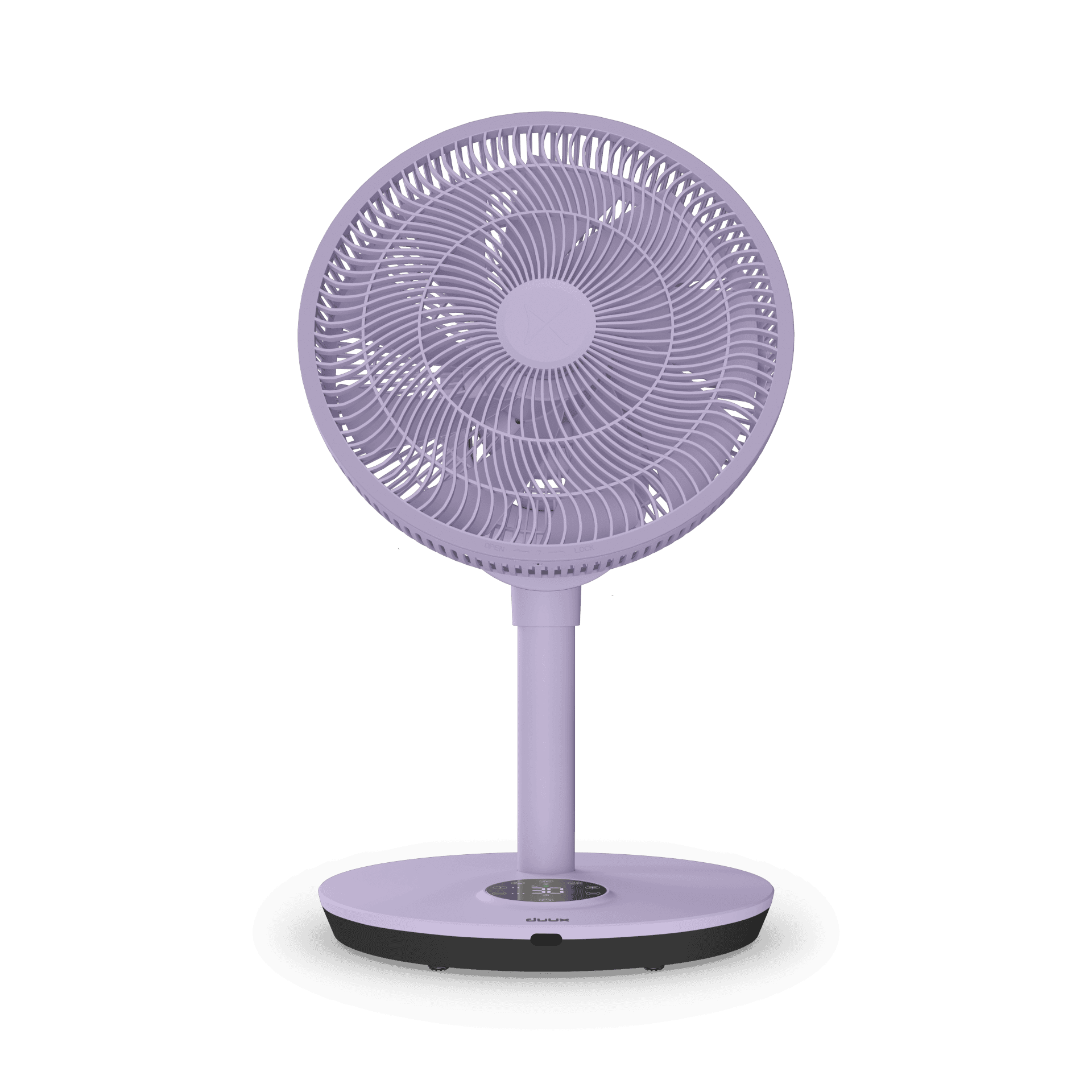 Ein lavendelfarbener oszillierender Ventilator mit Digitalanzeige, auf grünem Hintergrund.