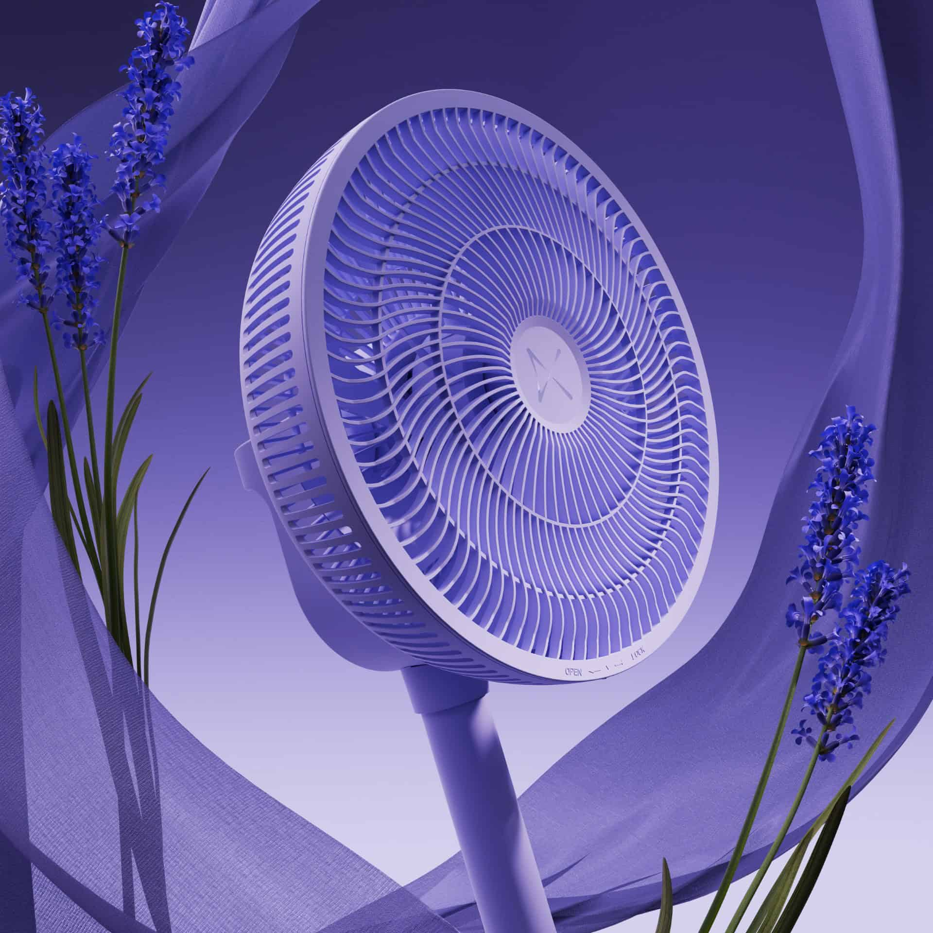 Ein lila Ventilator mit weißer Vorderseite, Lavendelblüten und einem fließenden lila Tuch vor einem Farbverlauf.