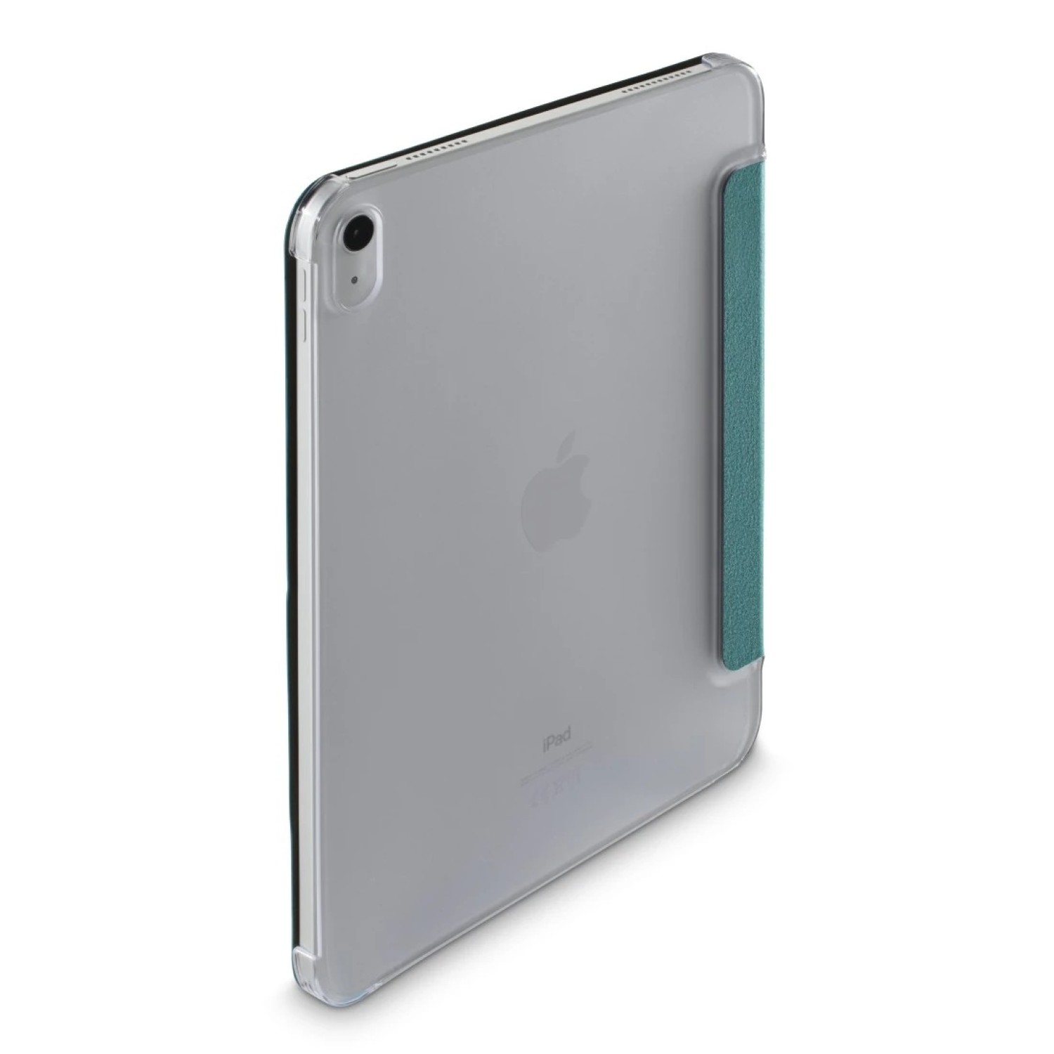 Ein iPad, umhüllt von einer durchsichtigen Hülle mit einem teal-farbenen Klappverschluss, der das Apple-Logo zeigt. Das iPad ist abgewinkelt, mit weißem Hintergrund.