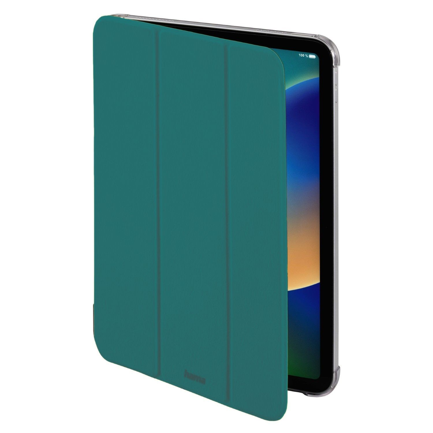 Ein iPad in einer tealfarbenen Hülle, teilweise geöffnet. Der Bildschirm zeigt ein unscharfes Bild. Die Hülle hat eine glatte Textur.