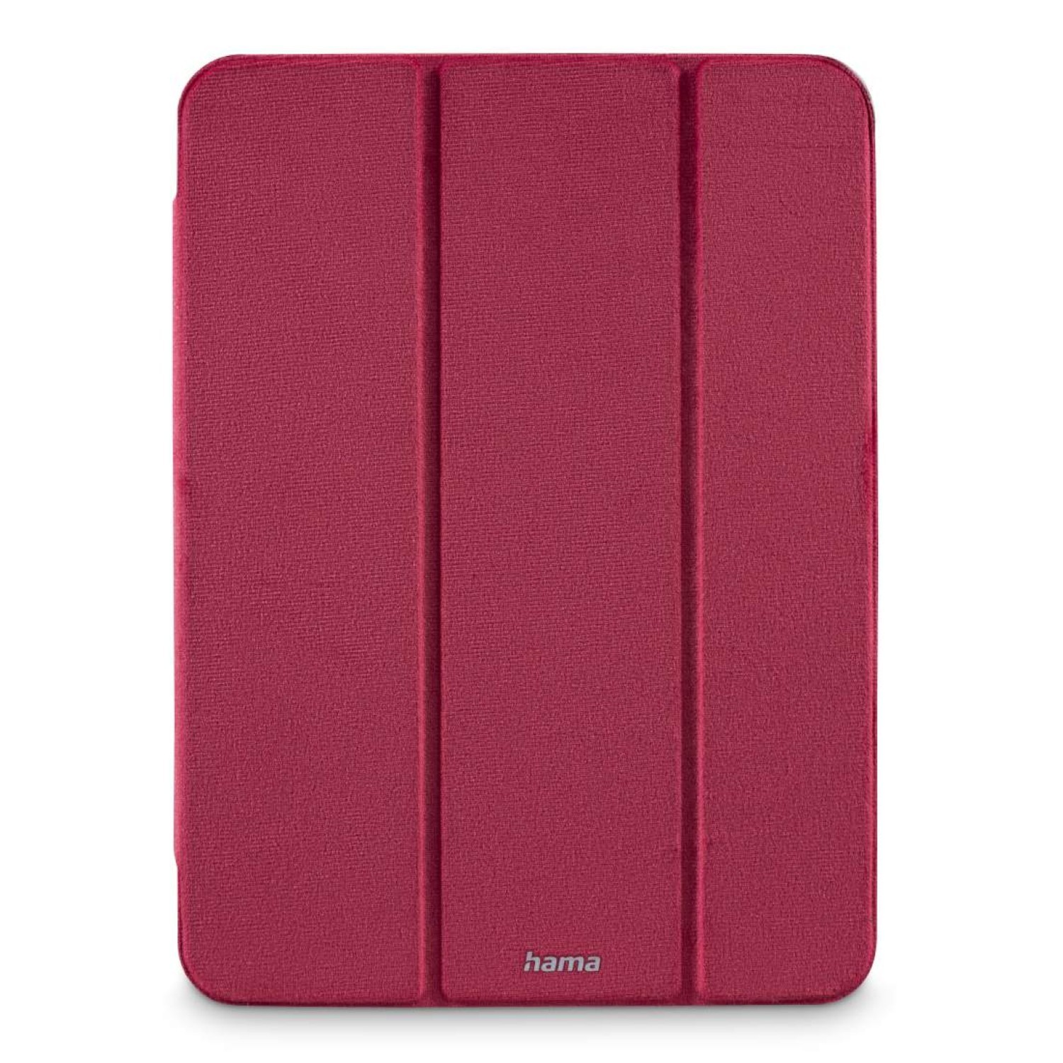 Czerwone etui na tablet z teksturowaną powierzchnią. Ma trzy sekcje, a na dole widoczna jest marka "hama".