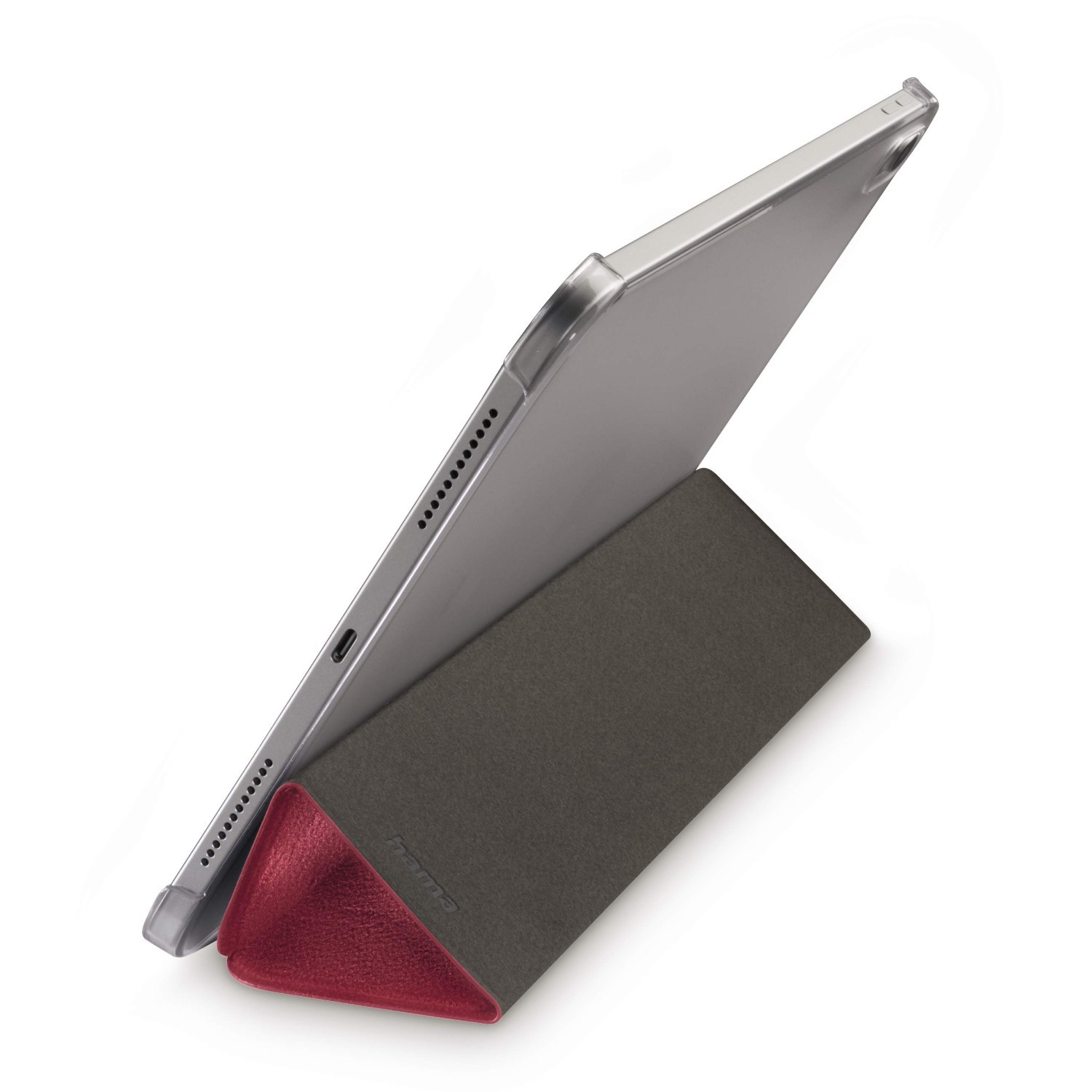 Srebrny tablet oparty na ciemnoszarej obudowie z czerwoną trójkątną podstawą. Obudowa ma logo 'hama'.