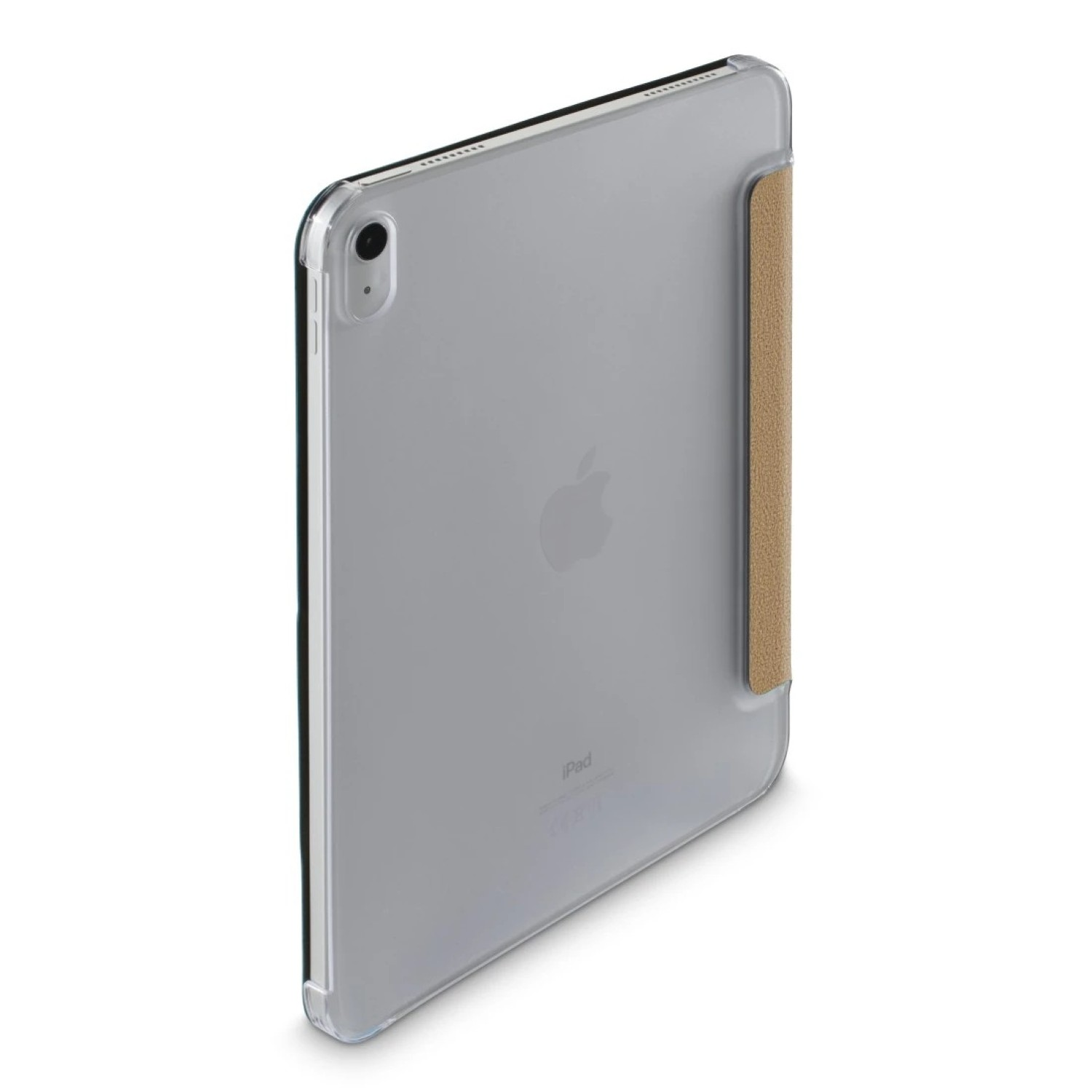 Silbernes iPad in einer transparenten Hülle mit einer hellbraunen Lederklappe rechts. Apple-Logo sichtbar. Die Hülle hat einen grünen Rand.