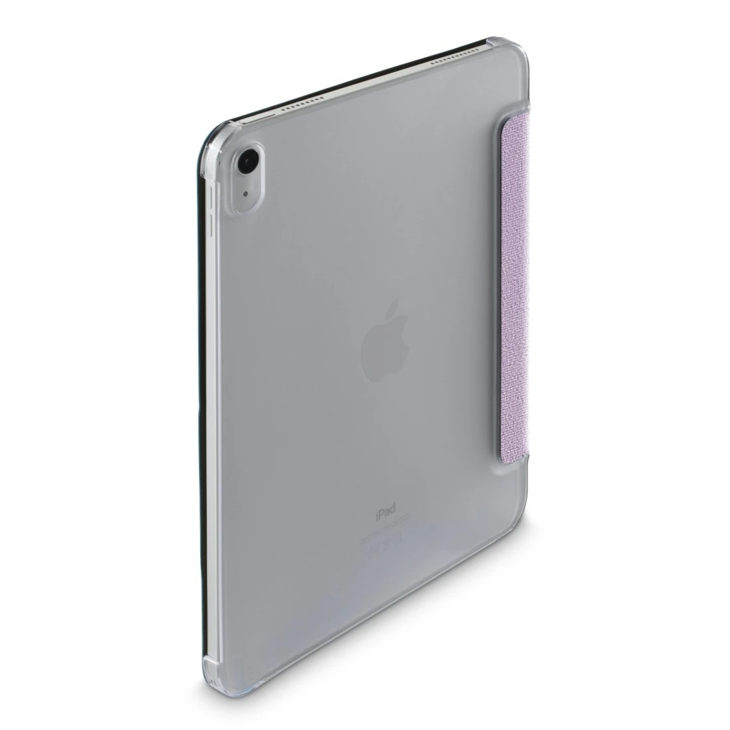 Ein iPad in einer durchsichtigen Hülle mit einem hellvioletten Riemen. Das Apple-Logo ist sichtbar. Das iPad befindet sich auf einer weißen Oberfläche.