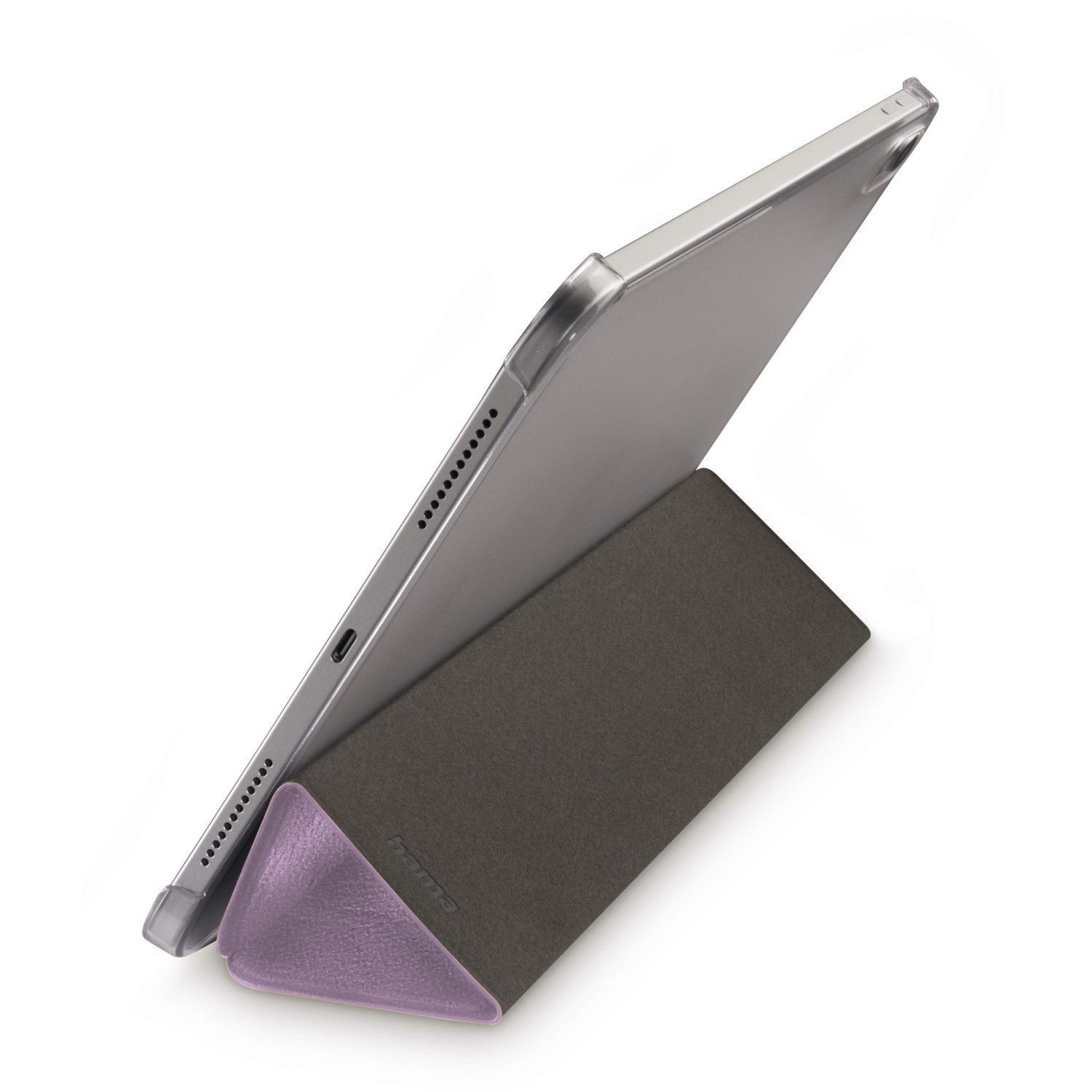 Ein silbernes Tablet, das von einer dunkelgrauen Hülle mit einem lila dreieckigen Stützfuß vor einem weißen Hintergrund gehalten wird.