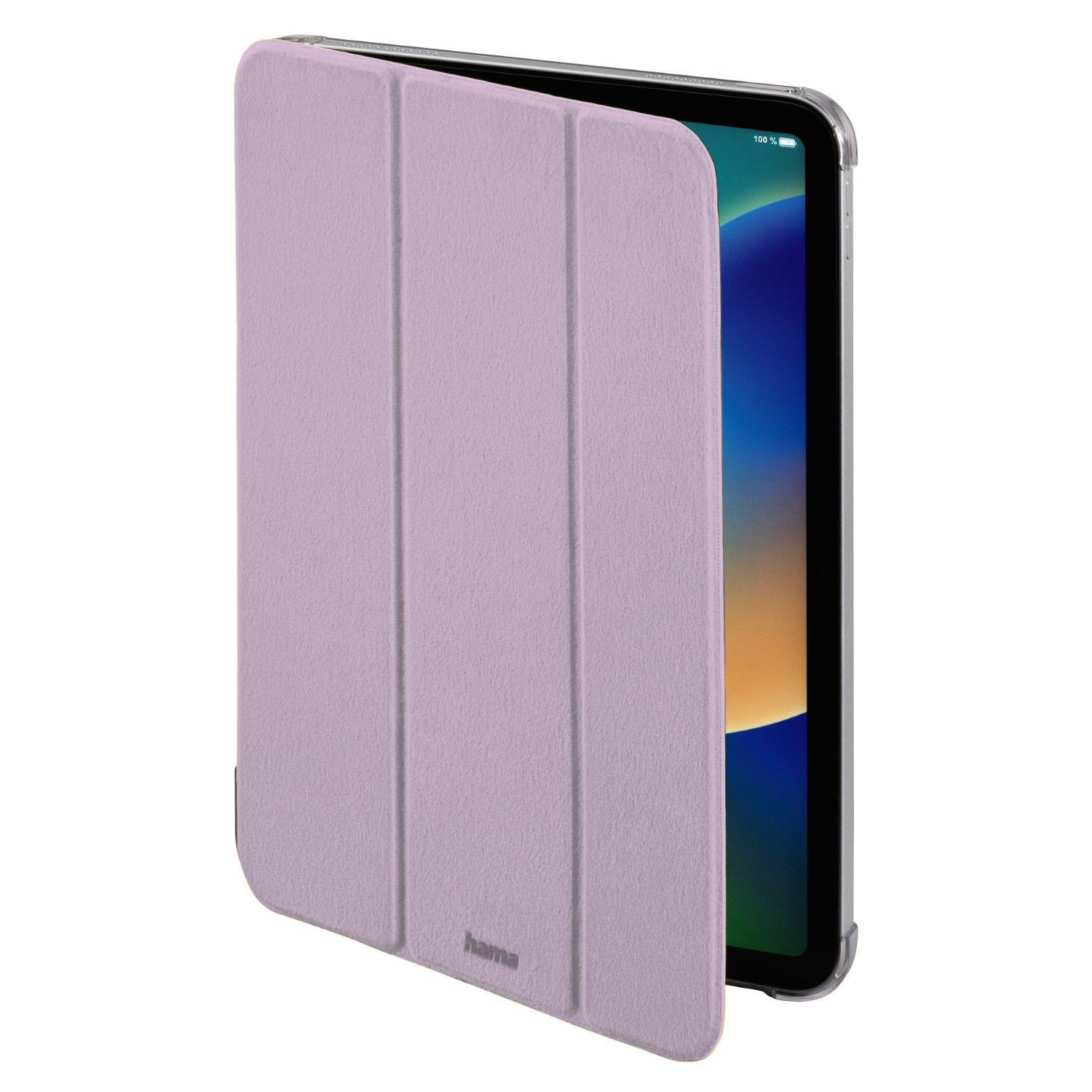 Eine hellviolette Tablethülle ist geöffnet und gibt einen Bildschirm mit blauem und gelbem Farbverlauf frei. Die Hülle hat eine strukturierte Oberfläche, und der Markenname ist sichtbar.