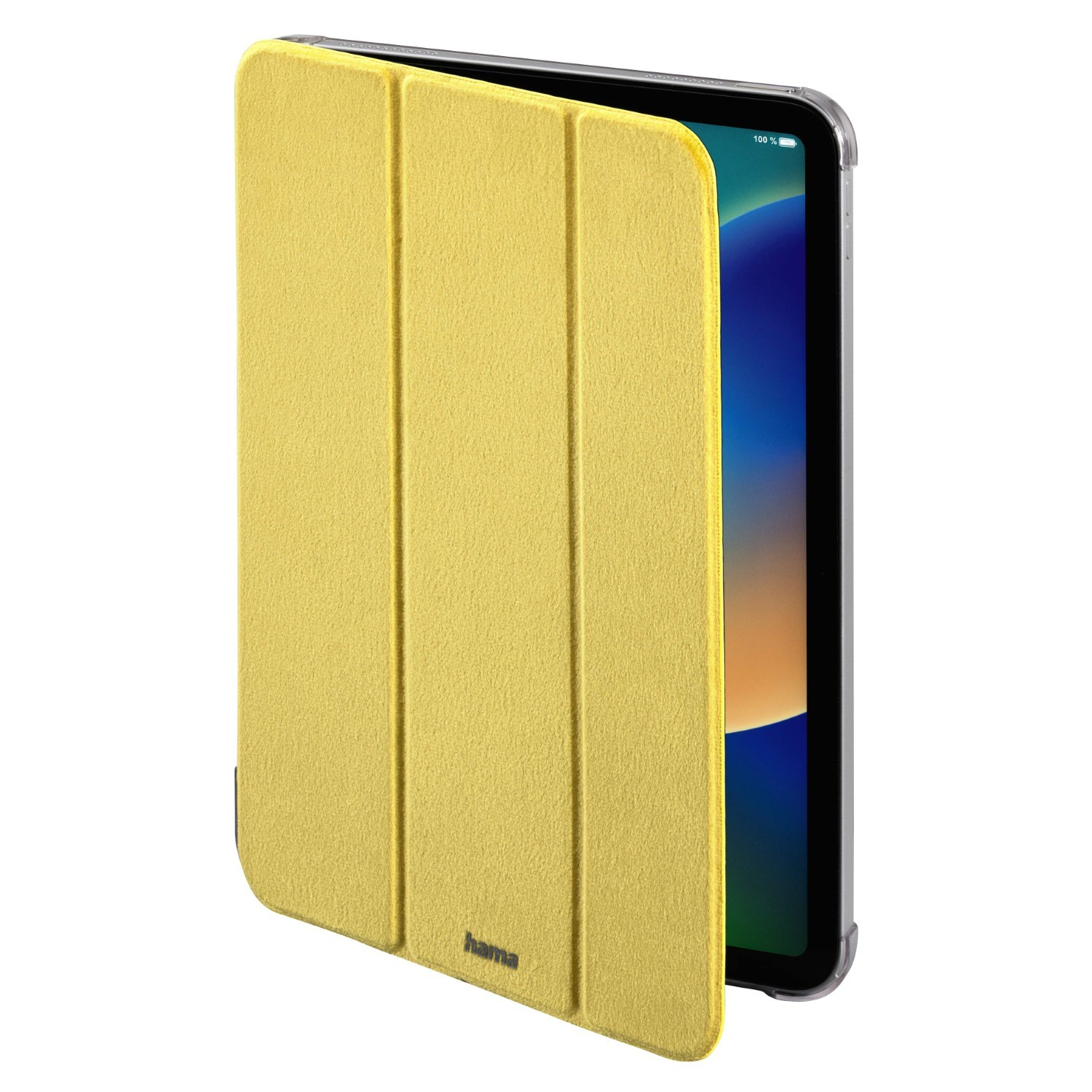 Żółte etui na tablet jest częściowo otwarte, odsłaniając ekran tabletu. Etui ma teksturowaną powierzchnię. Tablet wyświetla niebieski obraz.