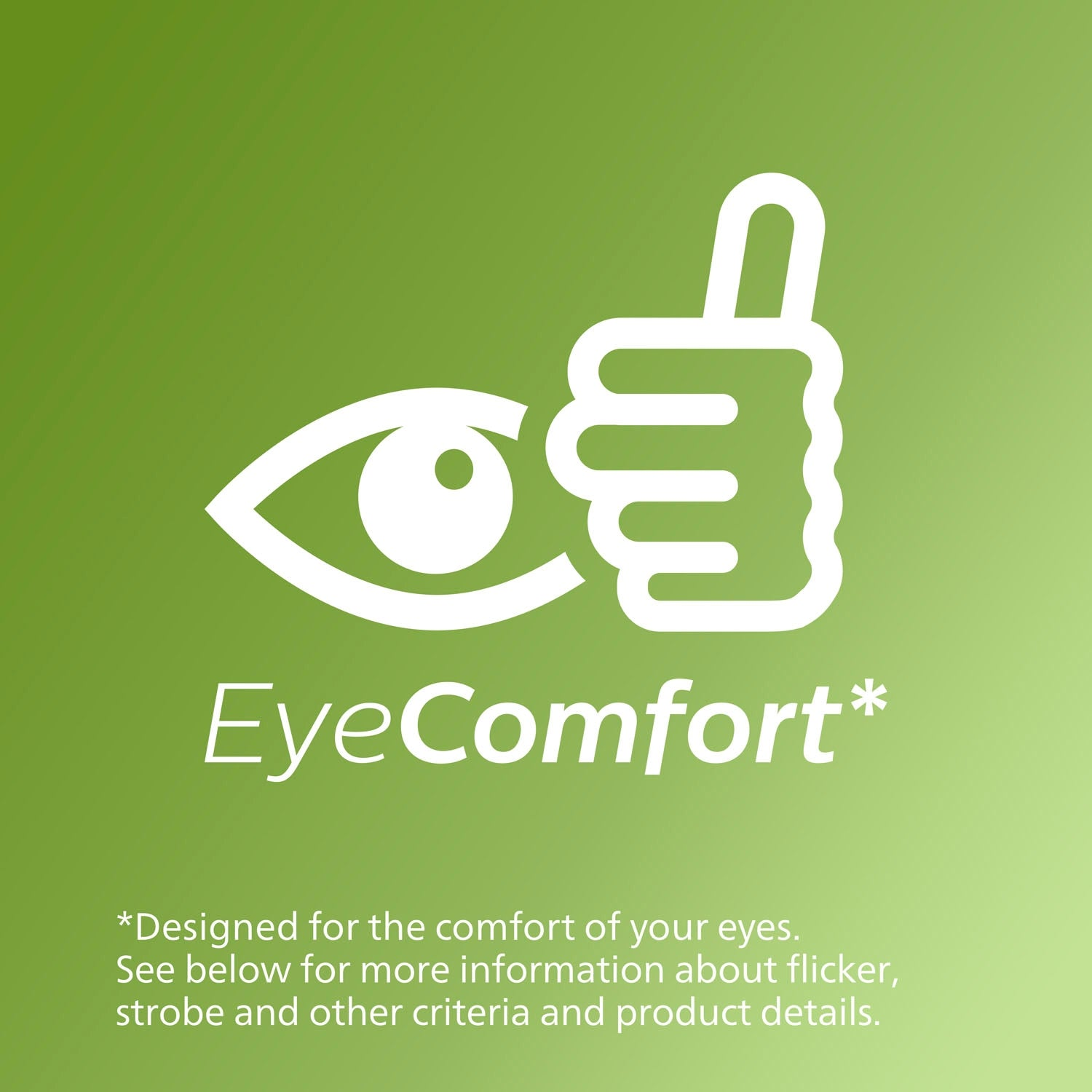 Logo blanc d'œil et de pouce levé avec le texte 'EyeComfort' sur fond dégradé vert. Texte en bas explique le produit.