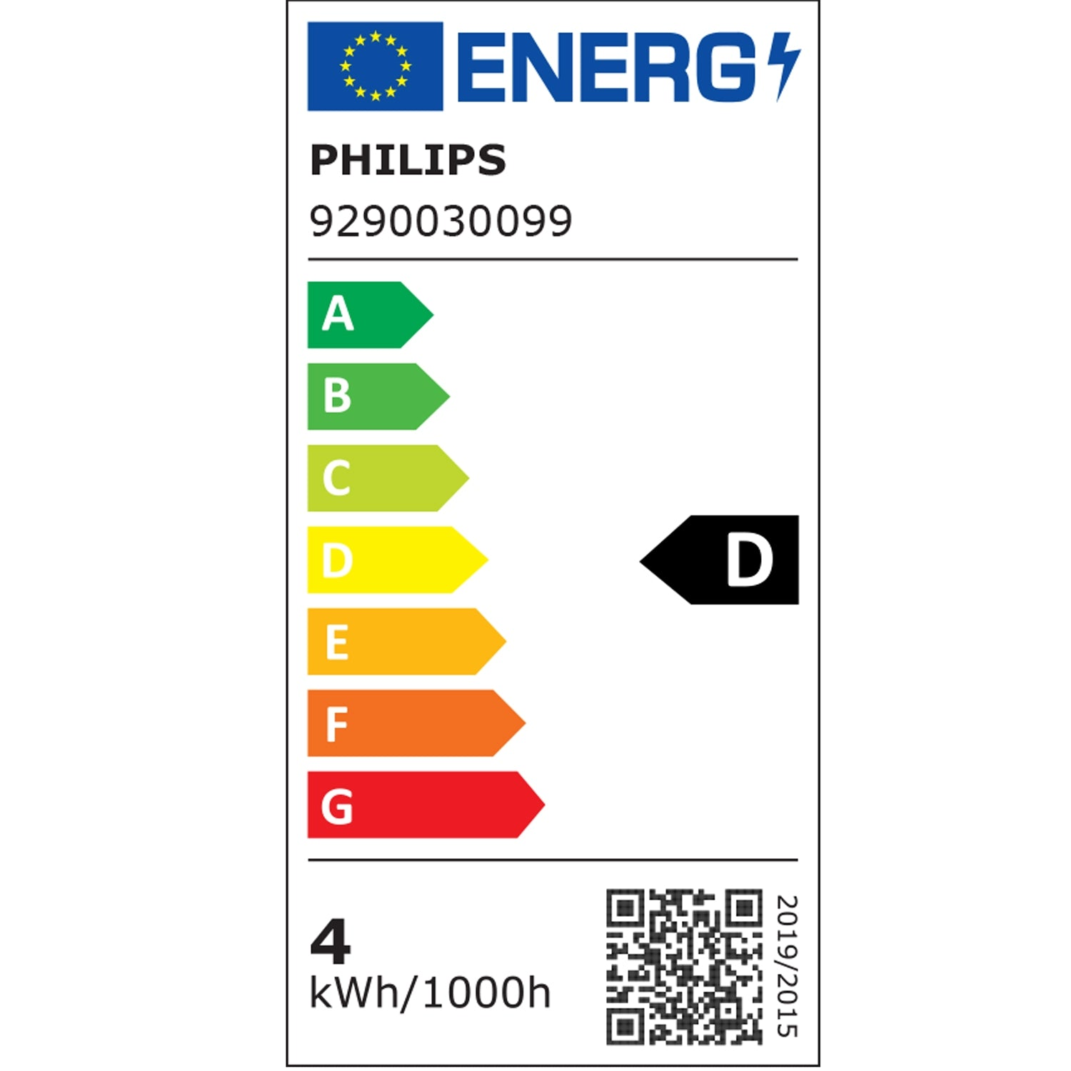 Etichetta energetica. Marchio Philips. Mostra le classi di efficienza energetica A-G. Il prodotto è di classe D. Contiene codice QR e informazioni sul consumo.