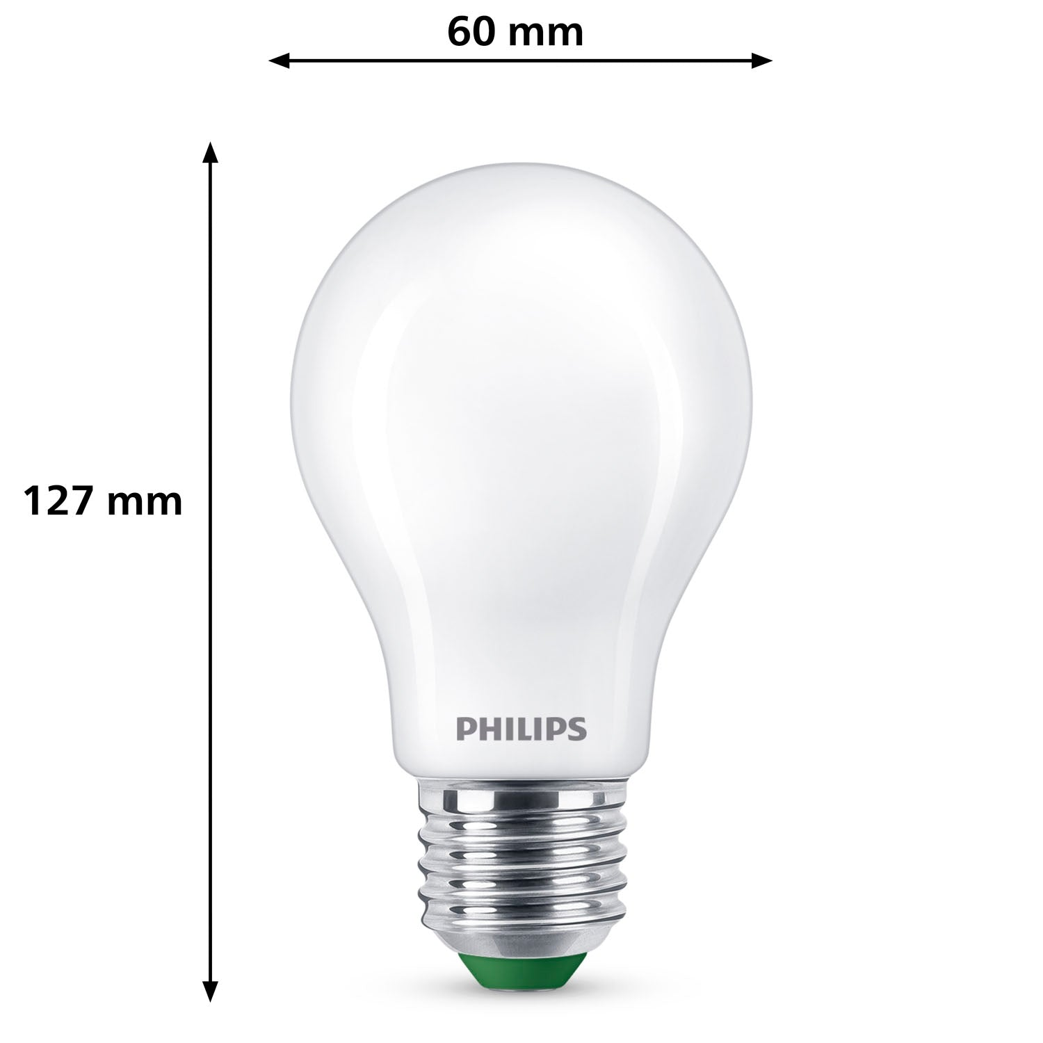 Une ampoule LED Philips, blanche avec une base argentée et un embout vert. Dimensions: 60mm de large, 127mm de haut.