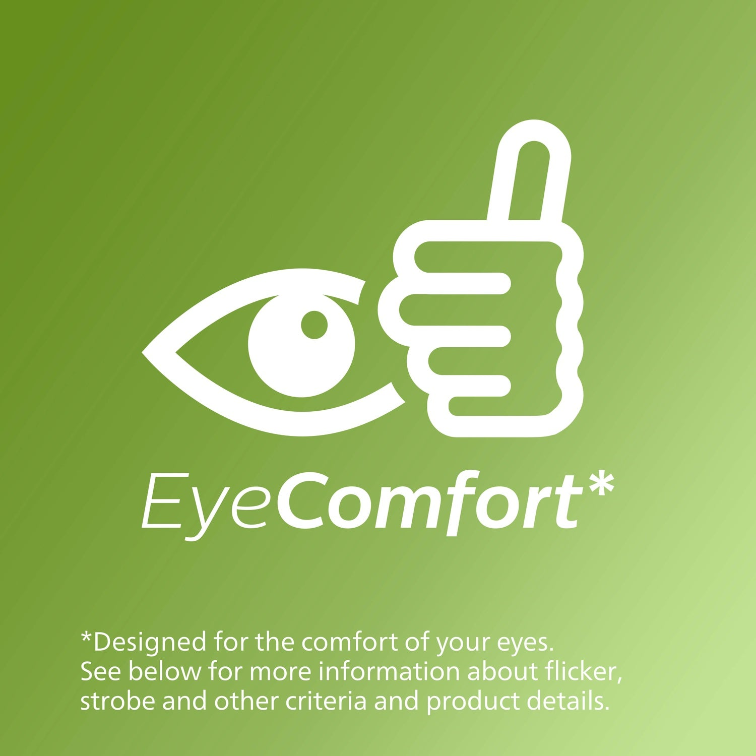 Icône blanche d'œil et pouce levé sur fond vert dégradé, avec texte "EyeComfort" et description du produit.
