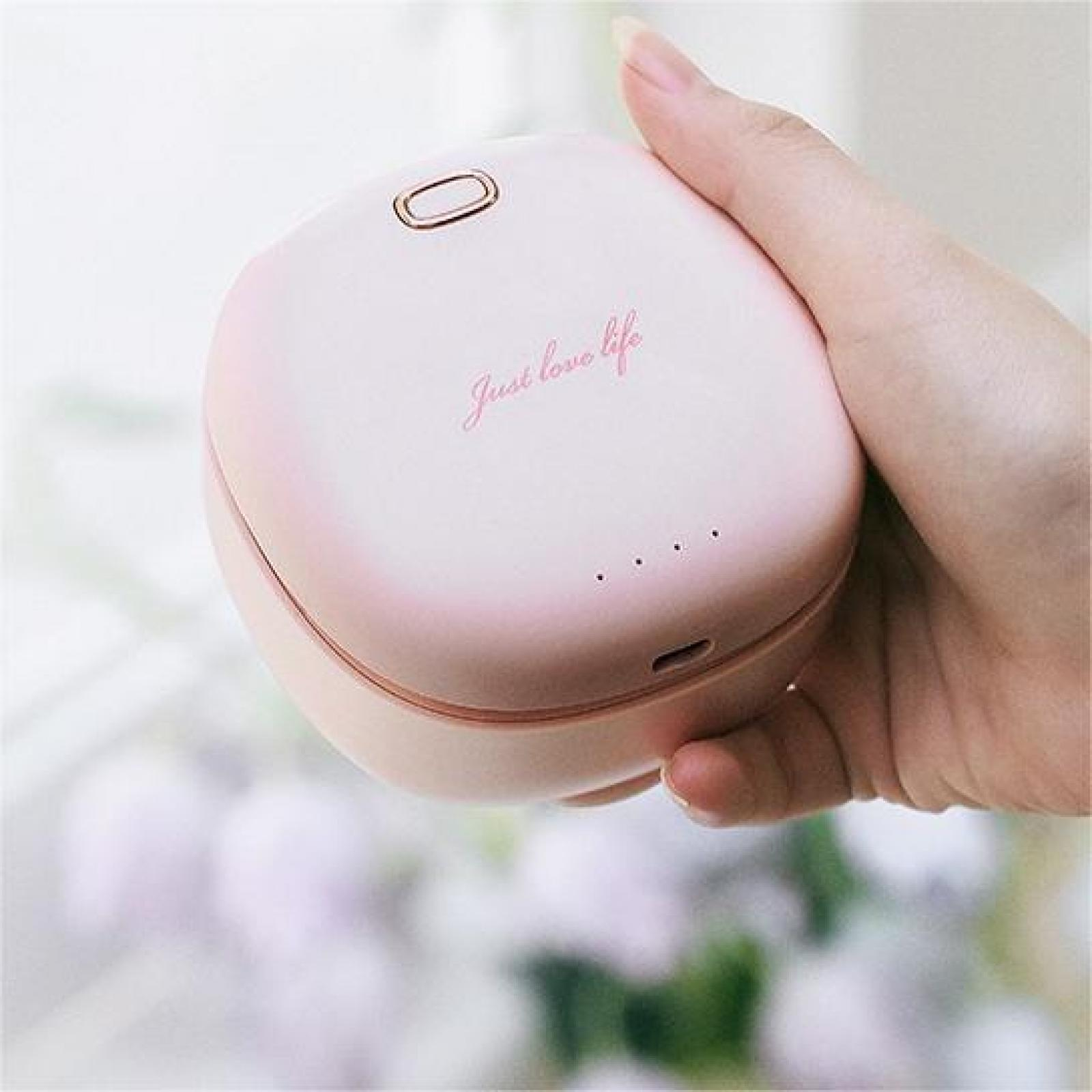 Eine Hand hält ein rosa Gerät. Das Gerät hat einen roségoldenen Akzent und die Worte 'Just love life'. Weiße Blumen im Hintergrund.