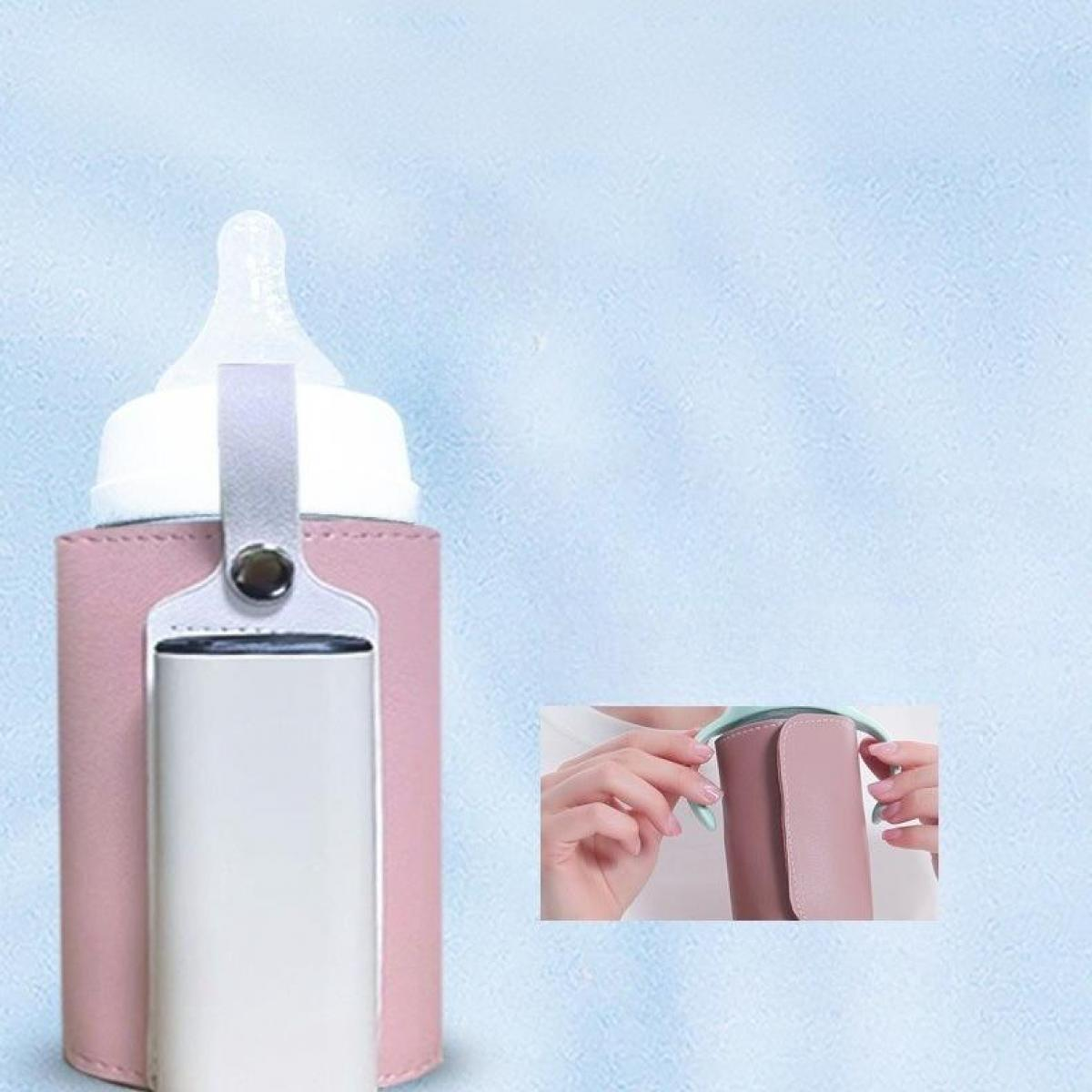 Rosafarbener Babyflaschenwärmer mit einer Flasche darin. Ein kleineres Bild zeigt Hände, die eine ähnliche rosa Hülle halten.