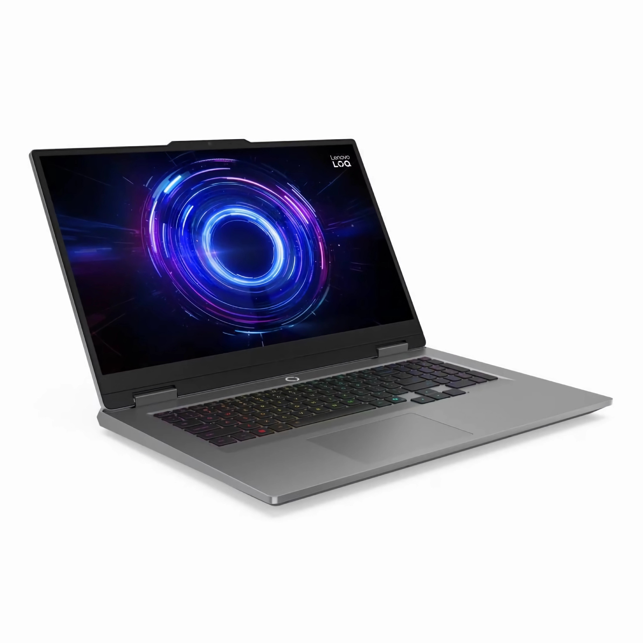 Grauer Lenovo-Laptop mit Bildschirm, der ein blau-lila kreisförmiges Design zeigt. Tastatur sichtbar, weißer Hintergrund.