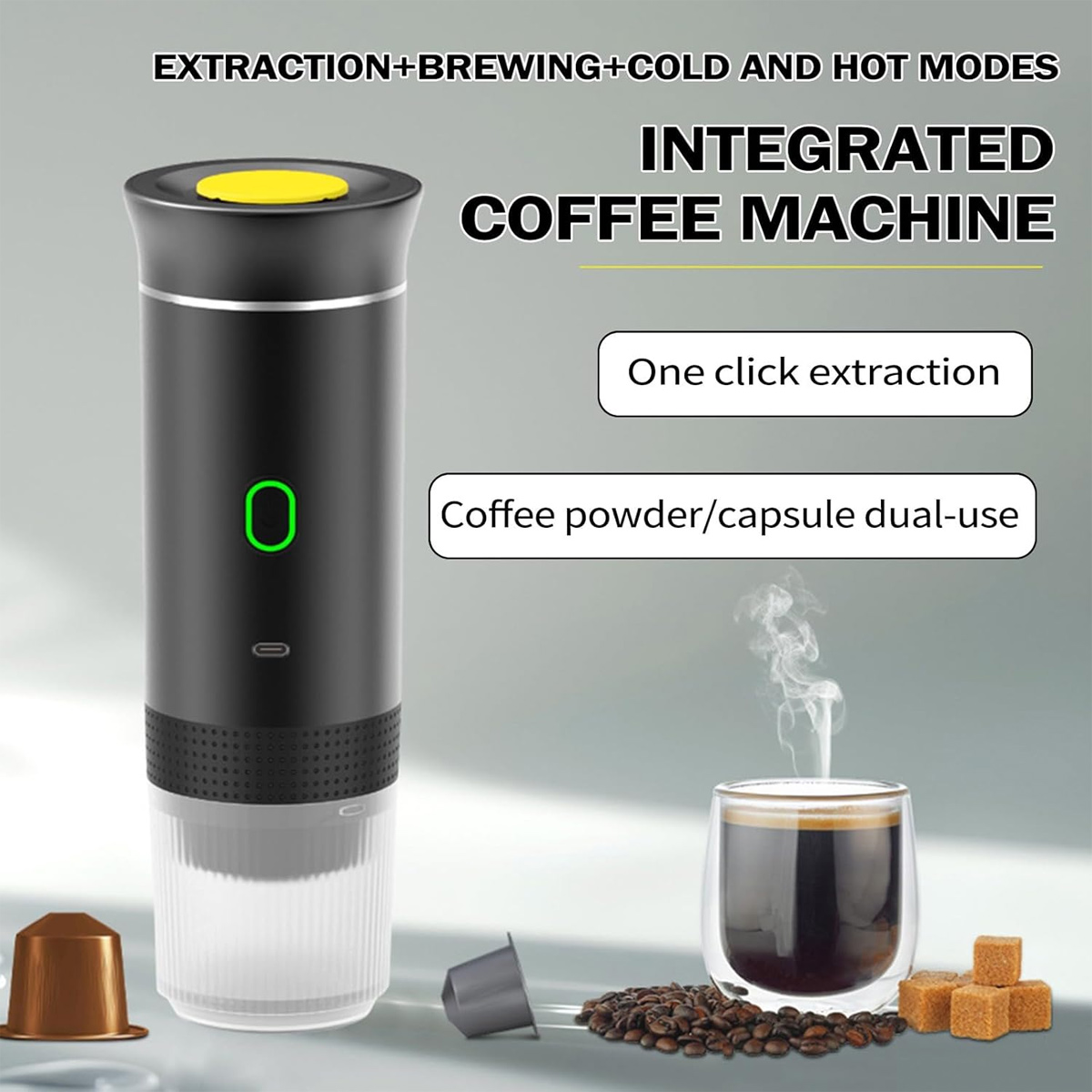 Eine integrierte Kaffeemaschine mit Kaffeetasse, Kaffeebohnen, Würfelzucker und Kaffeekapseln. Text: Extraktion, Brüh- und Kalt-/Heiß-Modi.