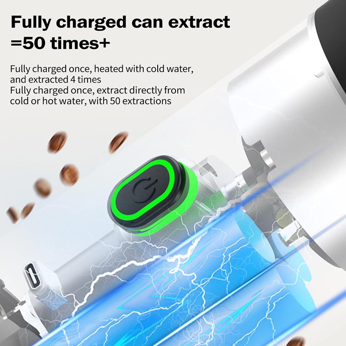 Nahaufnahme einer Kaffeemaschine. Ein grün umrandeter schwarzer Power-Knopf ist sichtbar. Blitzartige Effekte und Kaffeebohnen sind im Hintergrund.