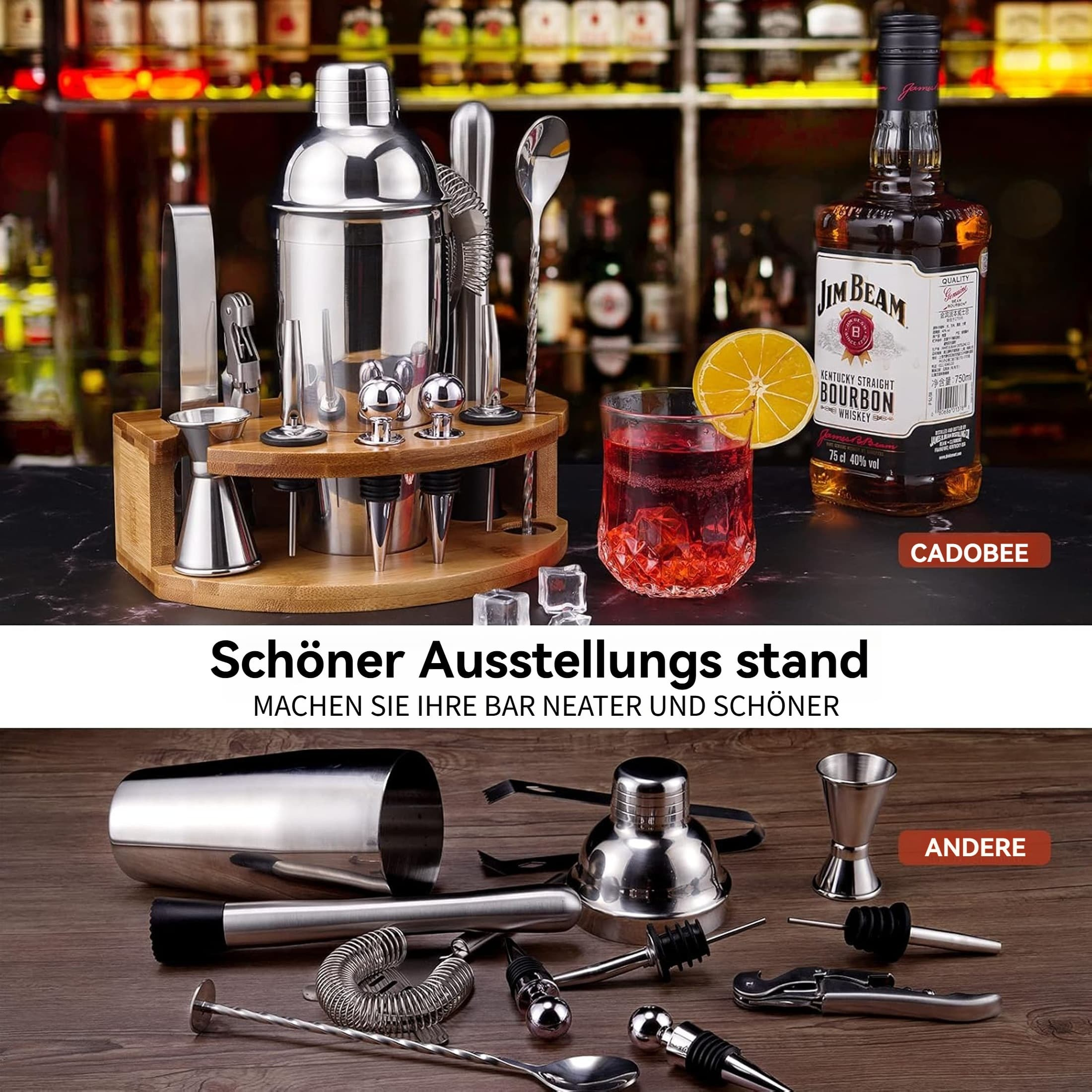 Ein Bar-Setup mit Cocktail-Werkzeugen, einer Jim-Beam-Flasche, einem Drink mit Eis und einer Zitronenscheibe. Die Szene befindet sich auf einer Holzoberfläche.