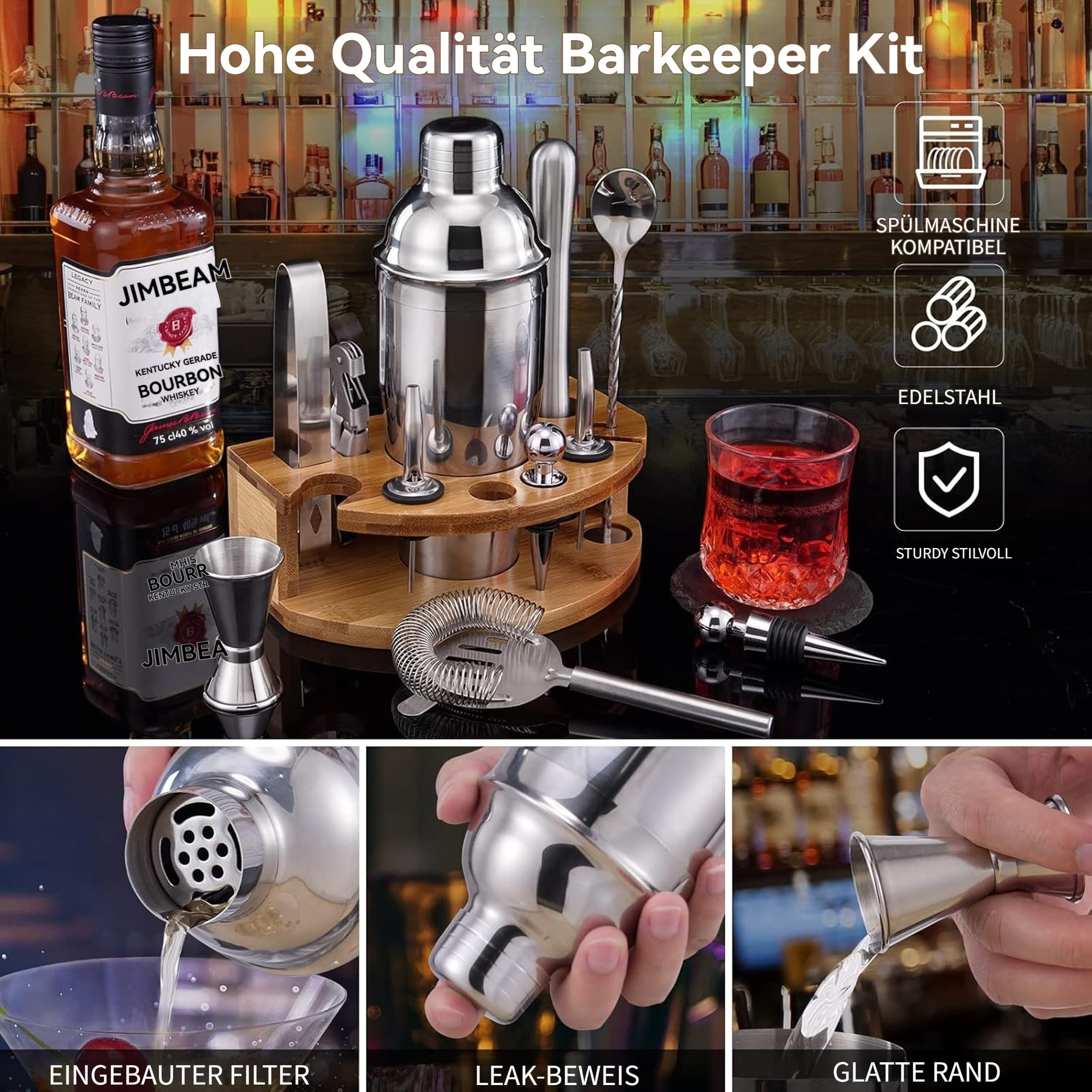 Ein Barkeeper-Set mit Jim Beam-Flasche, Shaker und verschiedenen Werkzeugen. Enthält ein Glas mit roter Flüssigkeit. Etiketten zeigen 'Edelstahl'.