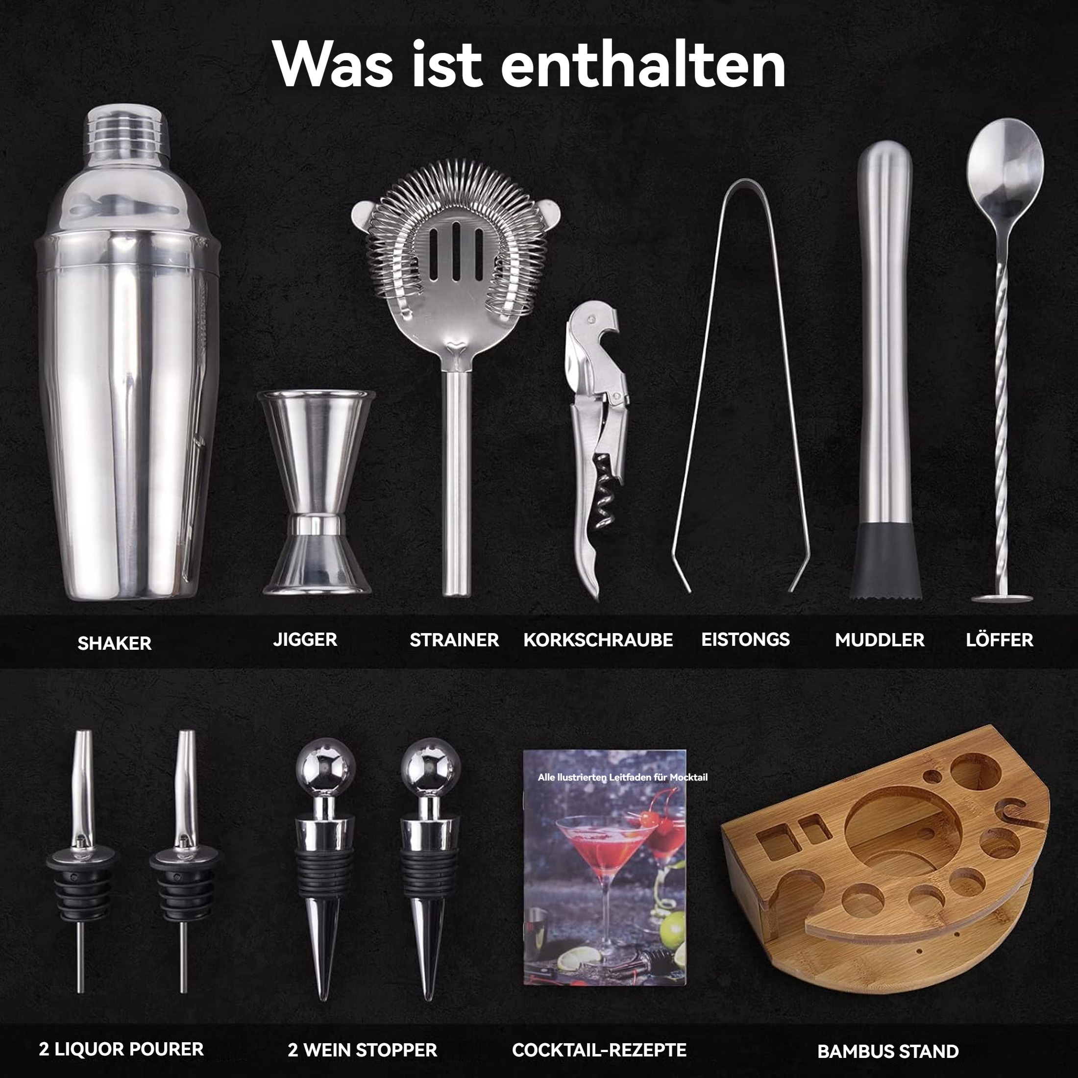 Eine Auswahl an Werkzeugen für die Bar auf schwarzem Hintergrund, darunter ein Shaker, ein Sieb, ein Muddler und ein Bambusständer.