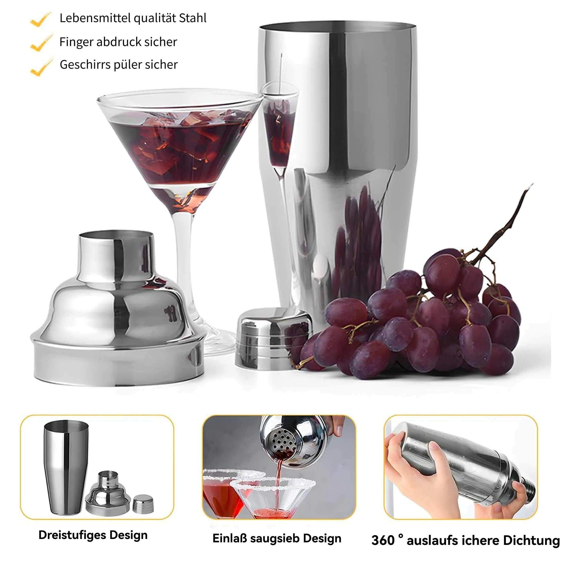 Ein Cocktailshaker mit einem Martini-Glas, gefüllt mit roter Flüssigkeit, Trauben und Text. Der Shaker zeigt ein dreiteiliges Design.