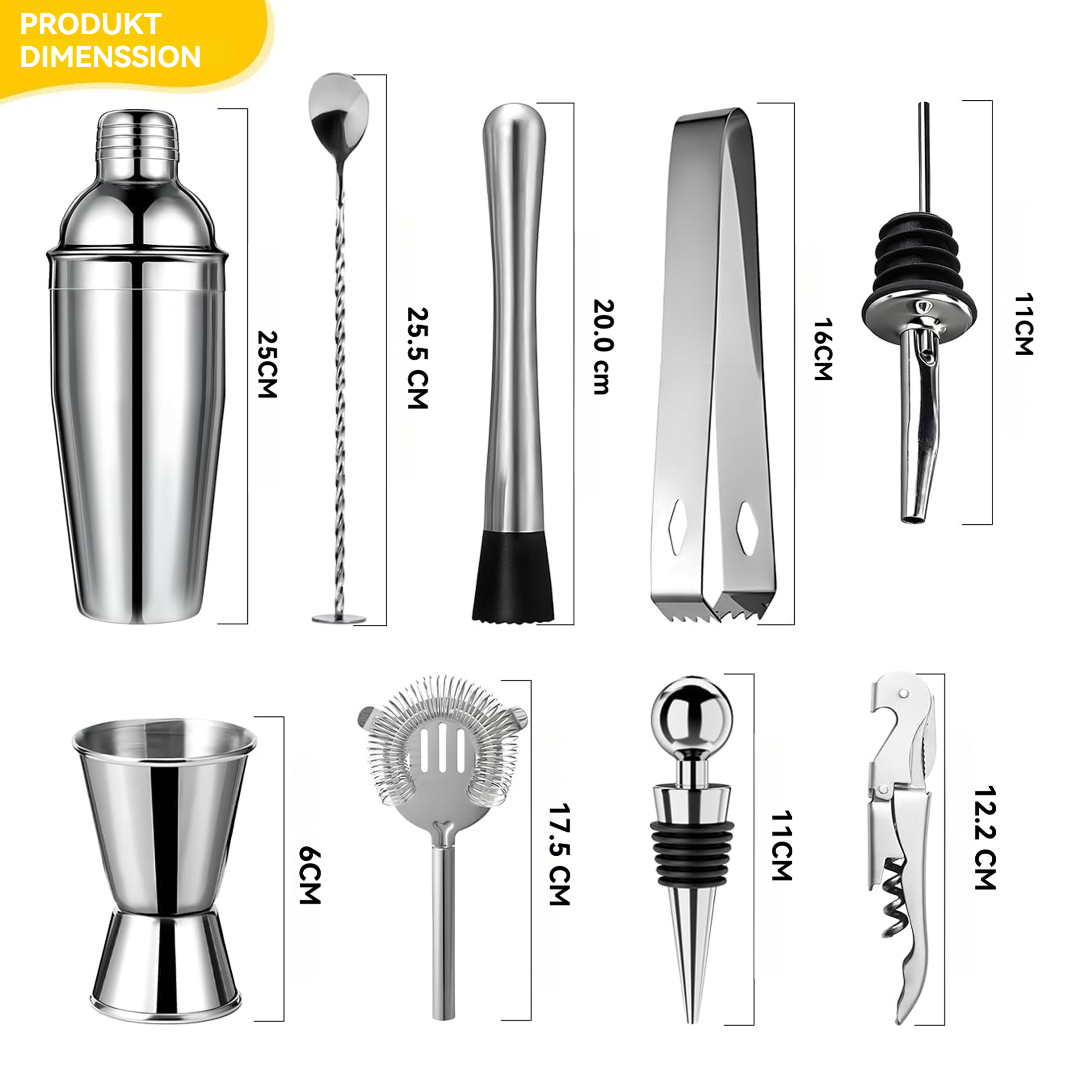 Ein Set mit Bar-Werkzeugen, darunter ein Shaker, Löffel, Stößel, Zange, Ausgießer, Messbecher, Sieb, Stopfen und Korkenzieher.
