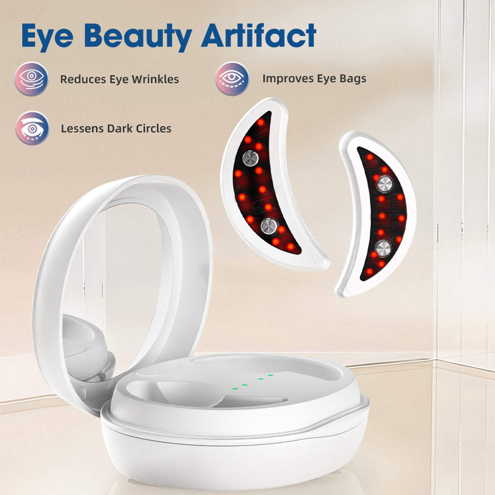 Weißes Augen-Beauty-Artefakt mit zwei halbmondförmigen Pads mit roten Lichtern. Reduziert Falten und Augenringe. Gehäuse offen.