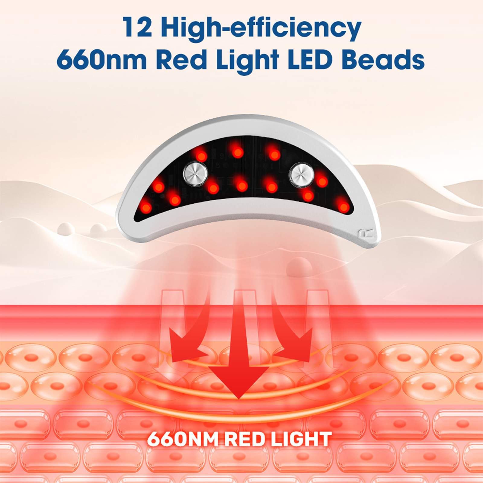 Diagramm eines Rotlichttherapiegeräts. Zeigt Gerät mit roten LEDs, Lichtstrahlen und Hautschichten. Text: 660nm Rotlicht.